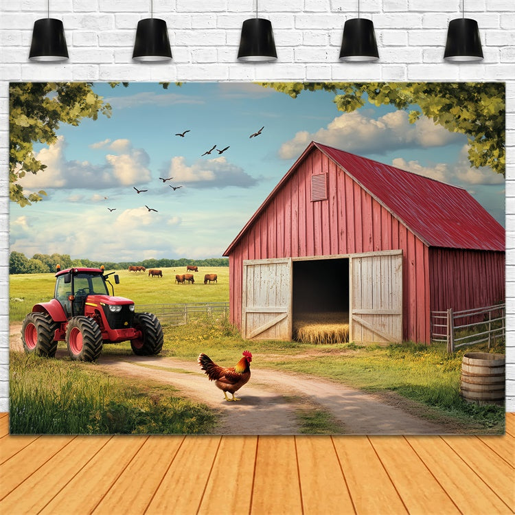 Toile de fond Grange Rouge Prairie Vache Scène Ferme LXX57-383
