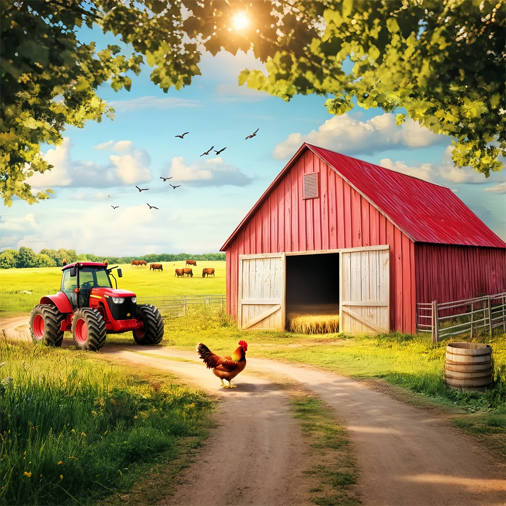 Toile de fond Grange Rouge Prairie Vache Scène Ferme LXX57-383