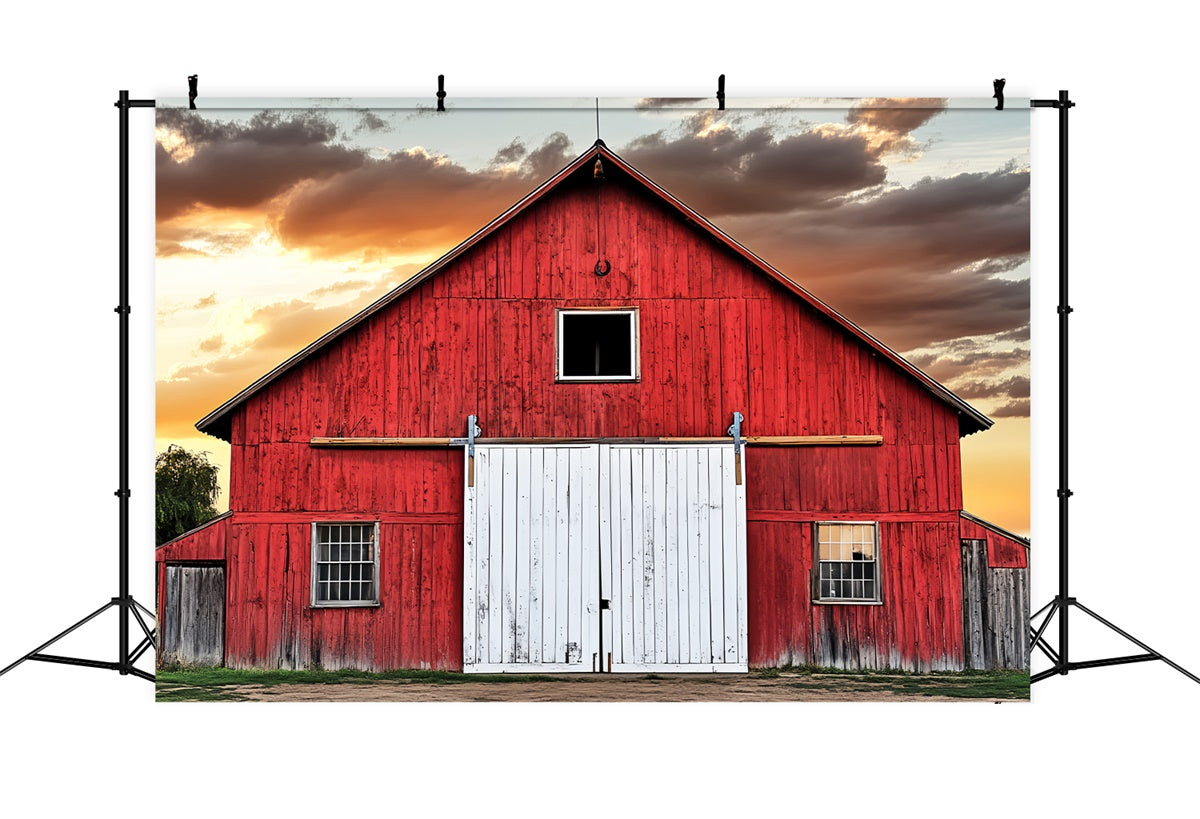 Toile de fond Grange Rouge Coucher de Soleil Campagne LXX57-403