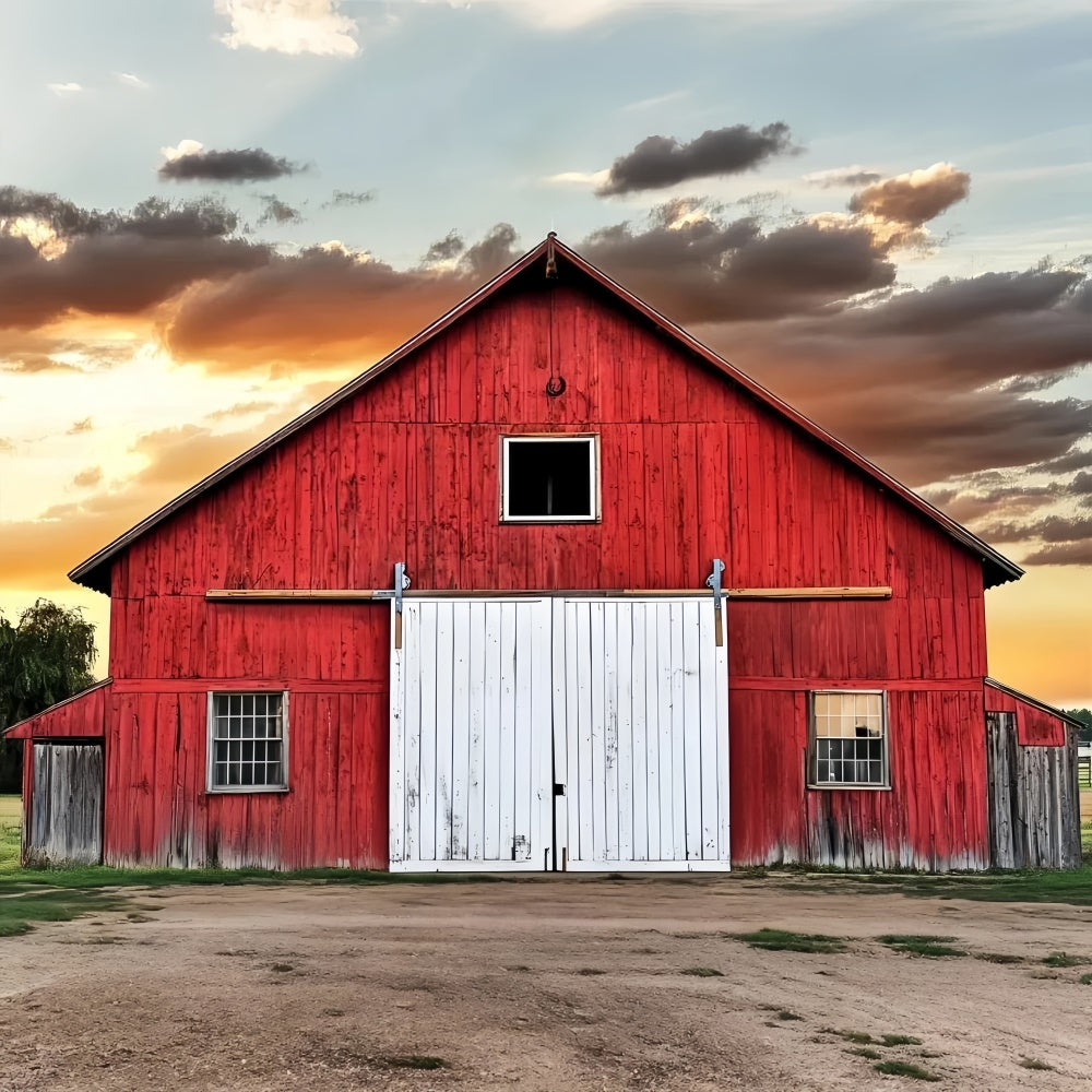 Toile de fond Grange Rouge Coucher de Soleil Campagne LXX57-403