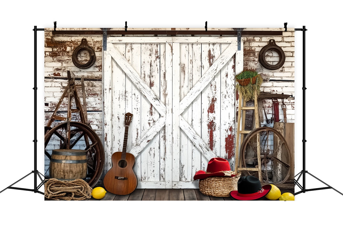 Toile de fond Grange Rustique Guitare Outils de Ferme LXX57-405
