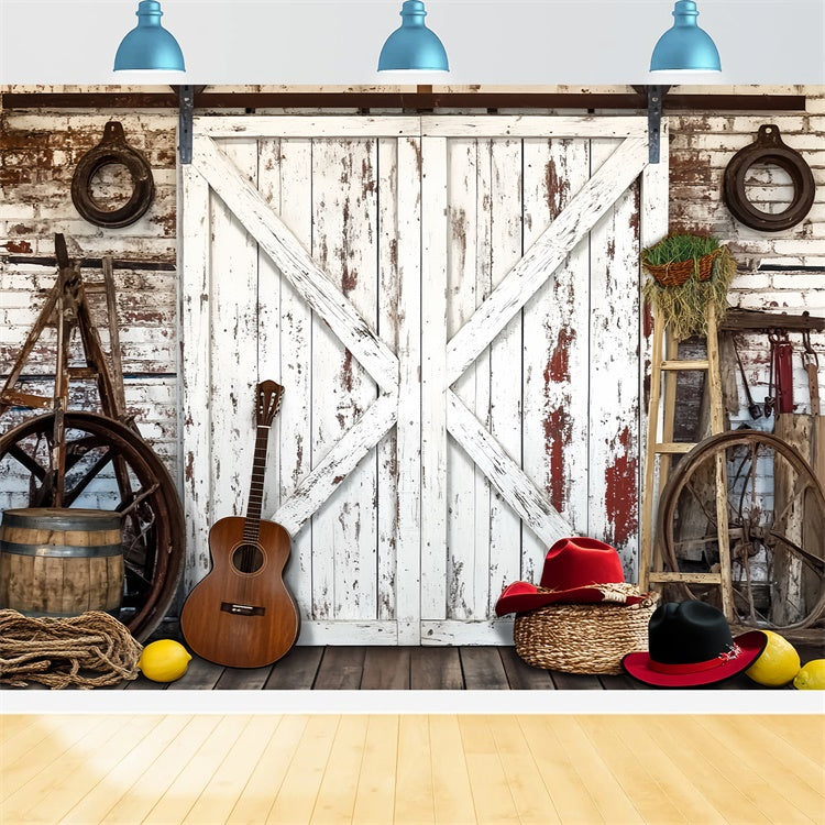 Toile de fond Grange Rustique Guitare Outils de Ferme LXX57-405