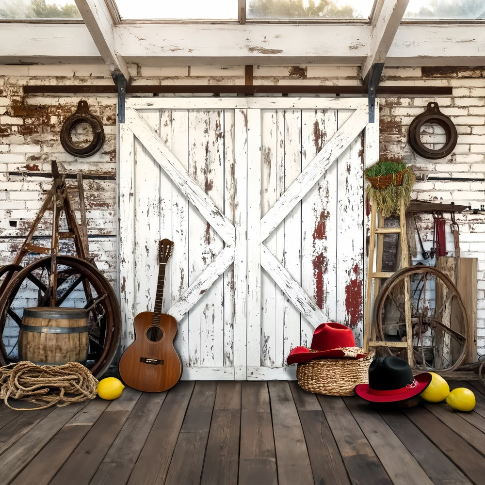 Toile de fond Grange Rustique Guitare Outils de Ferme LXX57-405