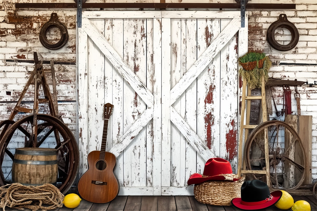 Toile de fond Grange Rustique Guitare Outils de Ferme LXX57-405