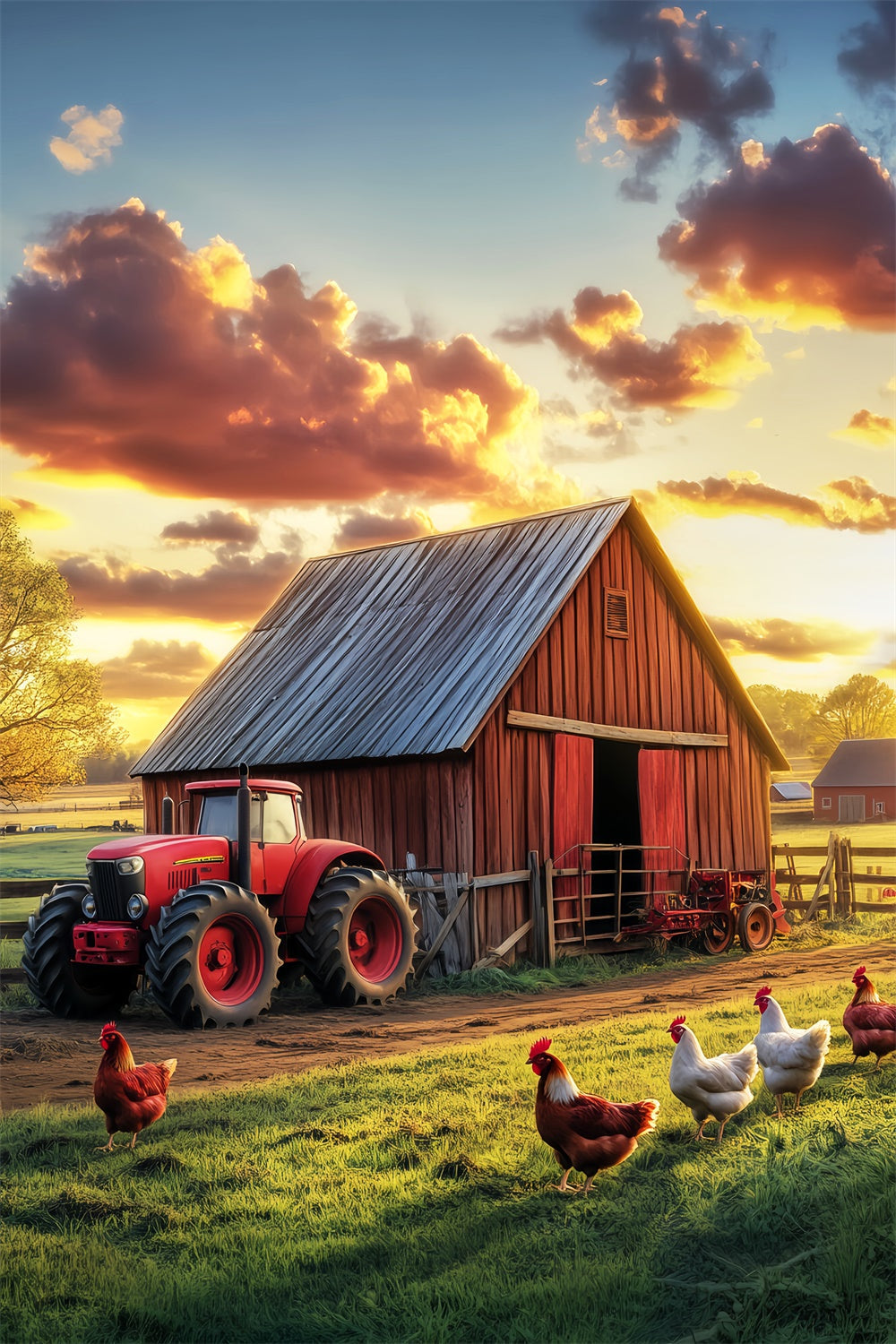 Toile de fond Grange Rustique Poulailler Coucher de Soleil LXX57-416