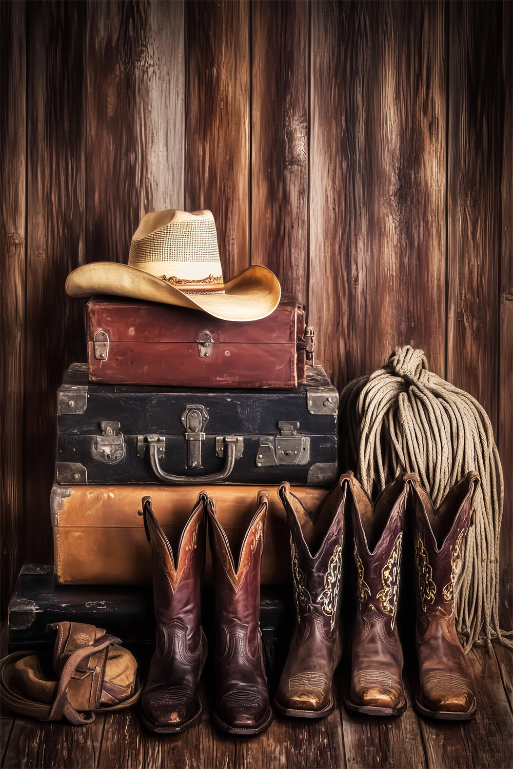 Toile de fond Bois de Grange Botte Cowboy Western LXX57-419