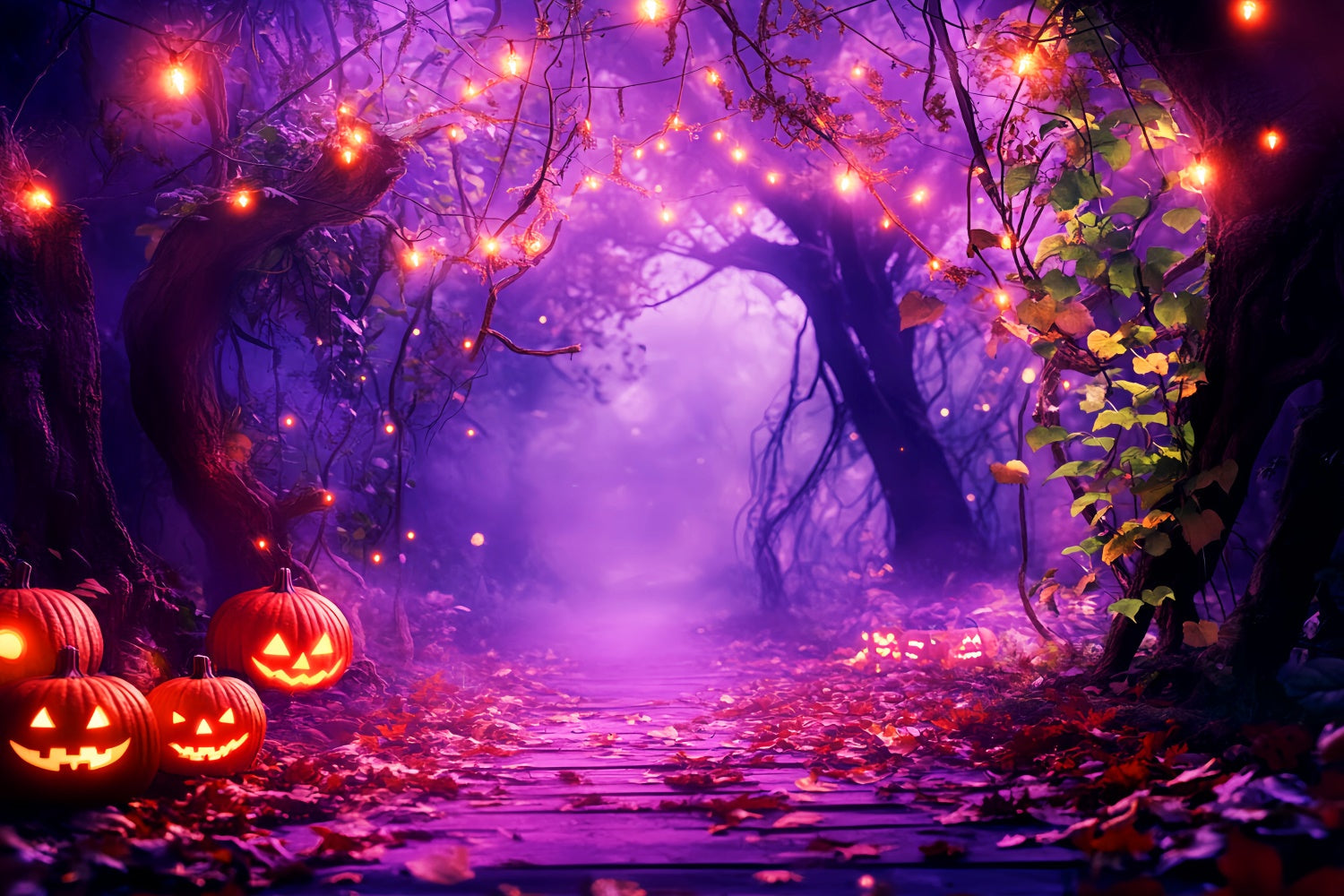 Toile de fond Halloween Chemin Brillant aux Citrouilles en Forêt LXX57-69