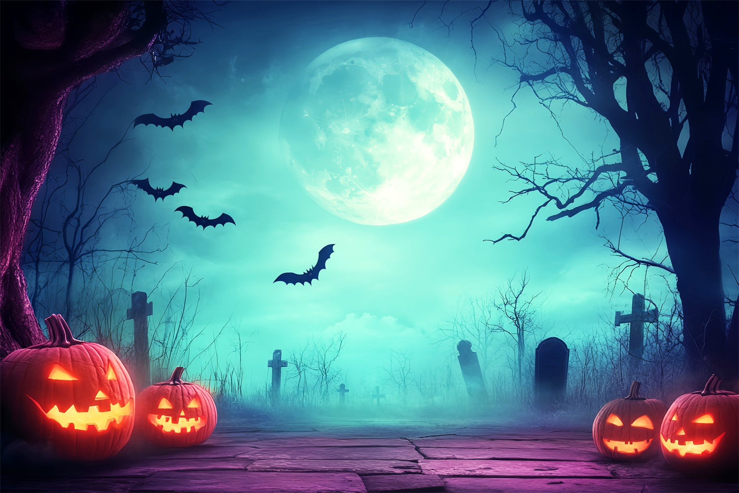 Toile de fond Photo Halloween Cimetière au Clair de Lune Étrange LXX57-87