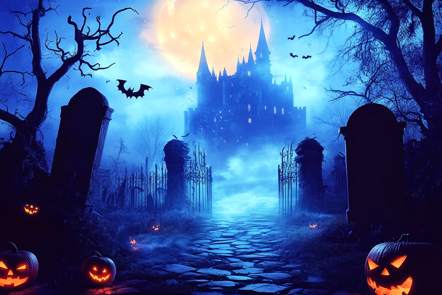 Toile de fond Photo Halloween Château-Cimetière au Clair de Lune LXX57-99