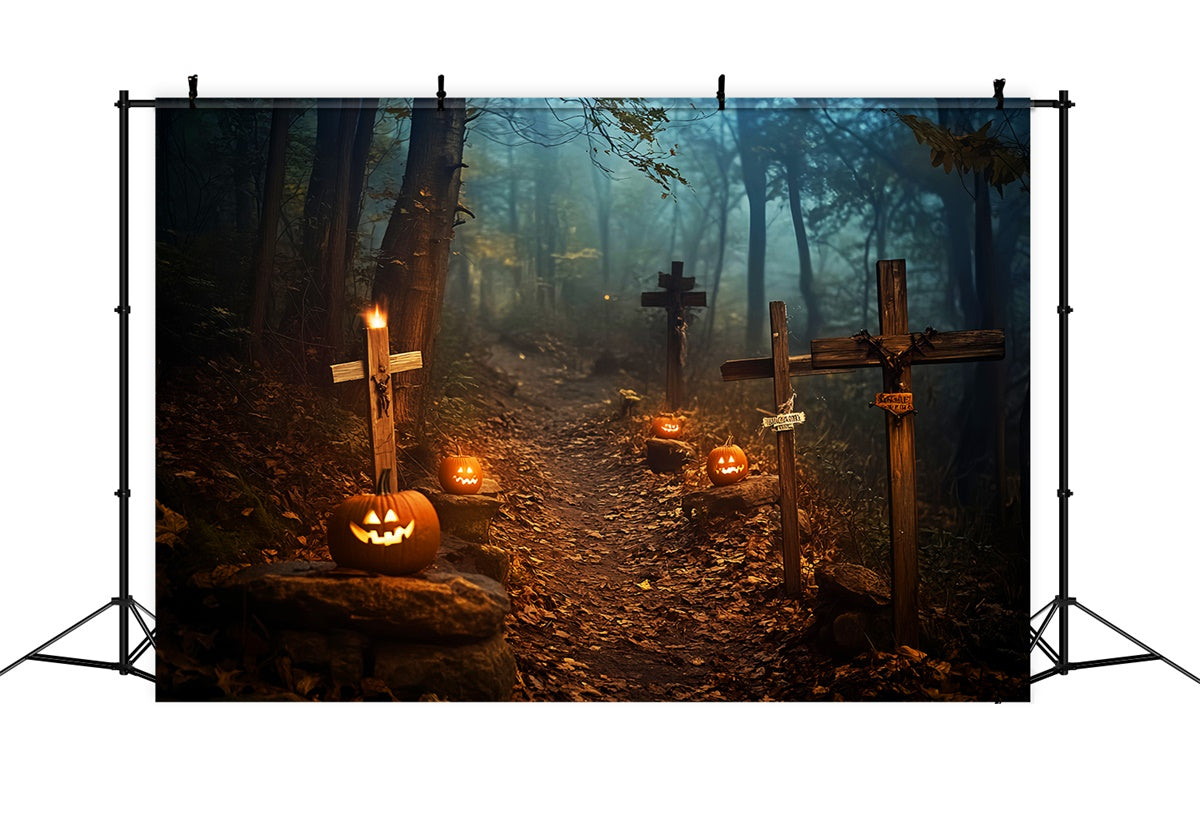 Toile de fond halloween Chemin Forêt Hantée Cimetière LXX58-10