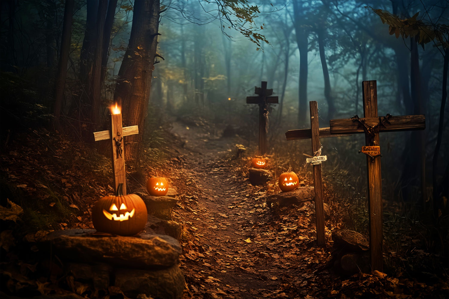 Toile de fond halloween Chemin Forêt Hantée Cimetière LXX58-10
