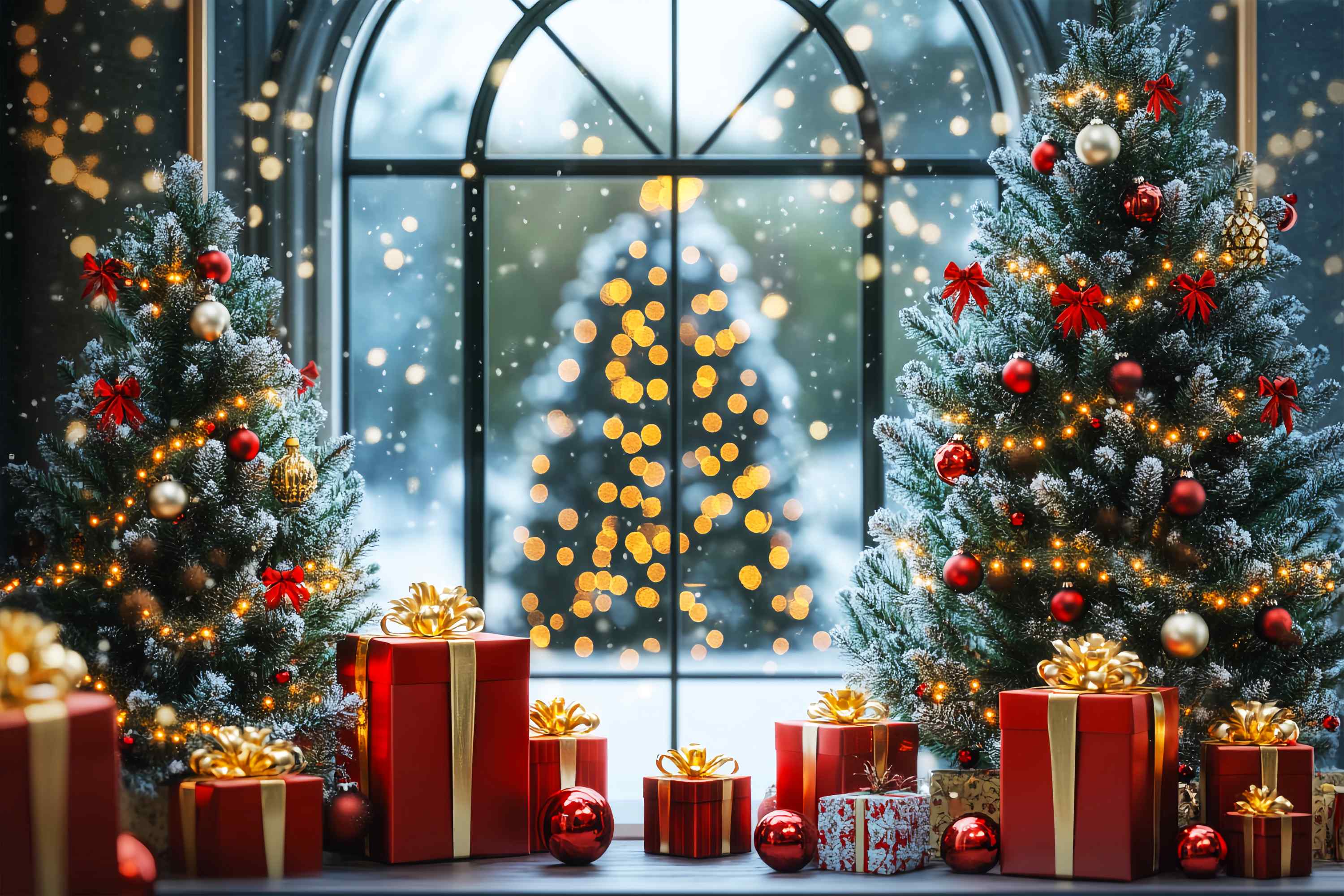Toile de fond Noël Fenêtre et Sapins Givrés LXX58-100