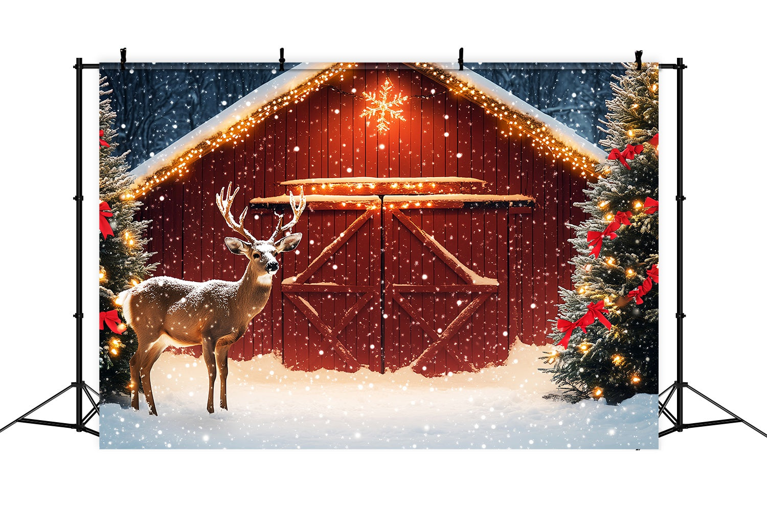 Toile de fond Noël Grange Enneigée Rennes et Sapins LXX58-102