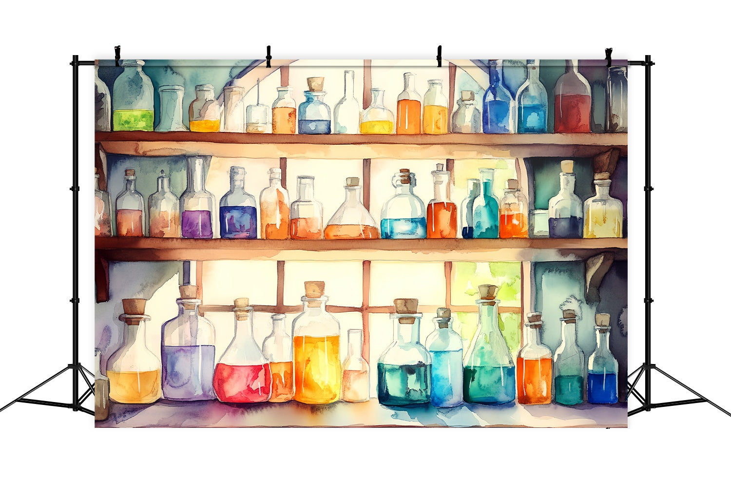 Toile de fond Chimie Flacons de Potions Aquarelle Étagères en Bois Toile de fond Photo École LXX58-104