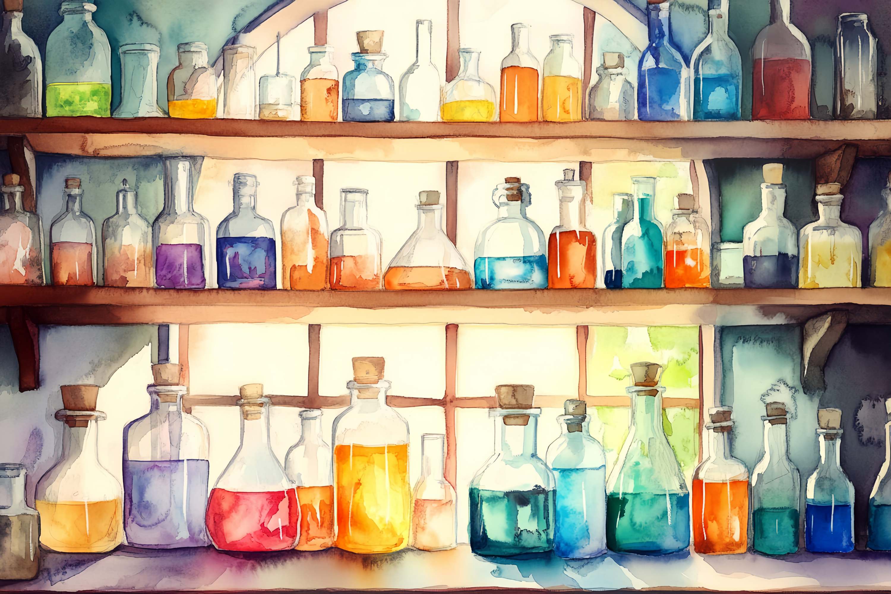 Toile de fond Chimie Flacons de Potions Aquarelle Étagères en Bois Toile de fond Photo École LXX58-104