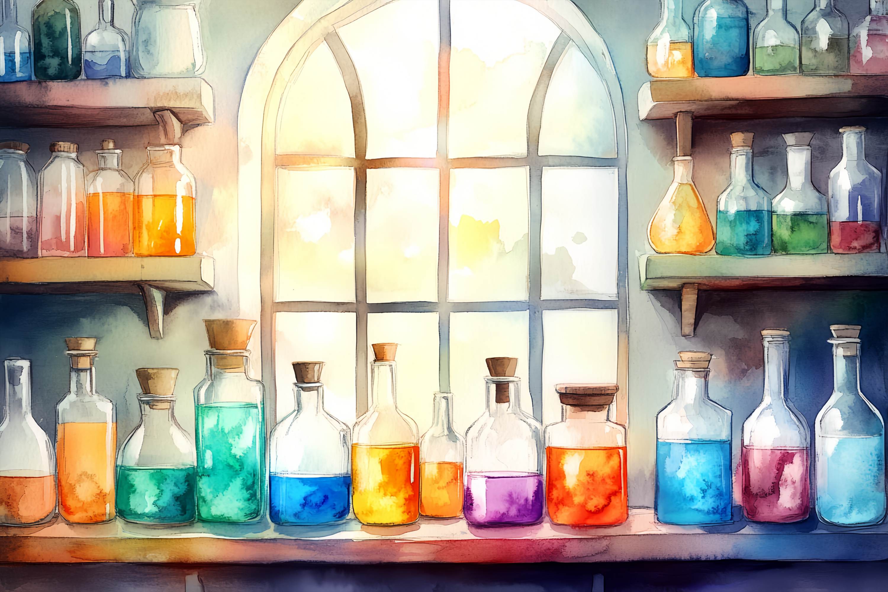 Toile de fond Chimie Fenêtre Ensoleillée Flacons de Potions Vifs Rentrée des Classes LXX58-105
