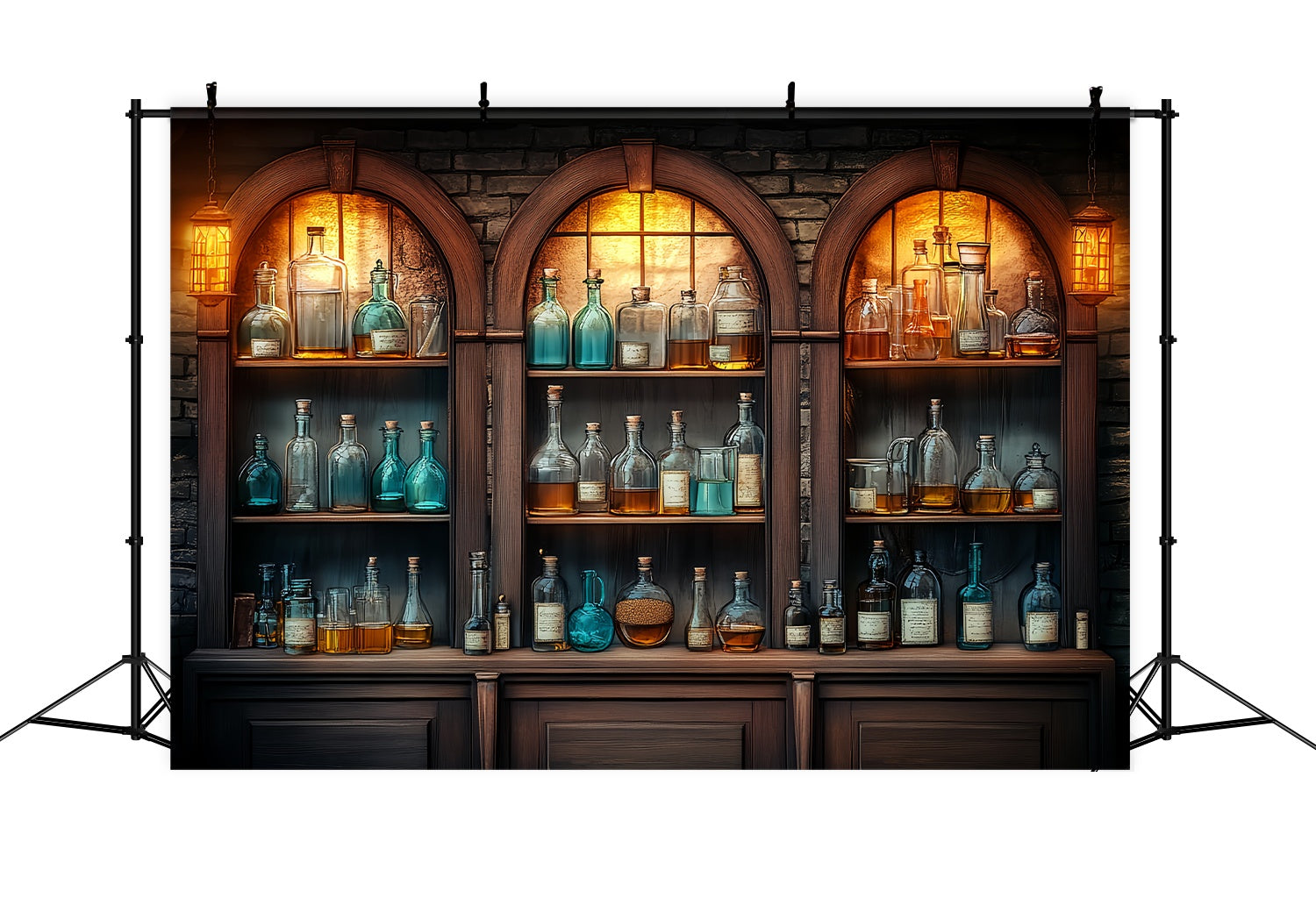 Toile de fond Chimie Armoire Vintage en Bois Flacons en Verre Rentrée des Classes LXX58-106