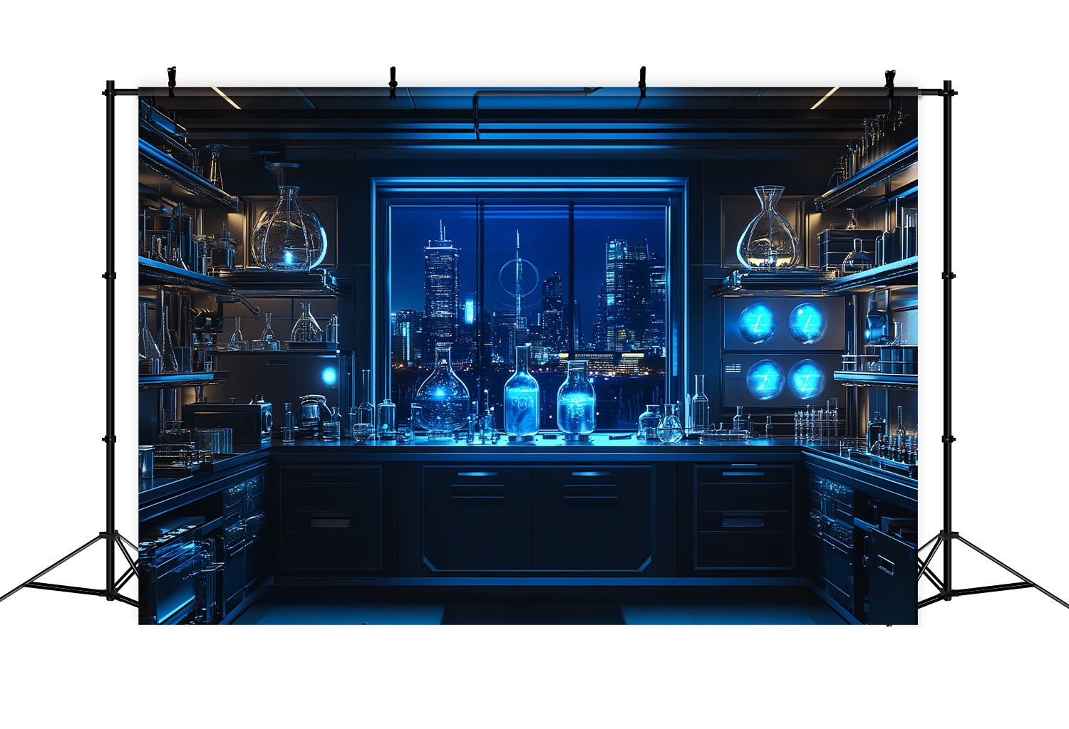 Toile de fond Chimie Laboratoire Futuriste Vue Nocturne sur la Ville Toile de fond Photo École LXX58-108