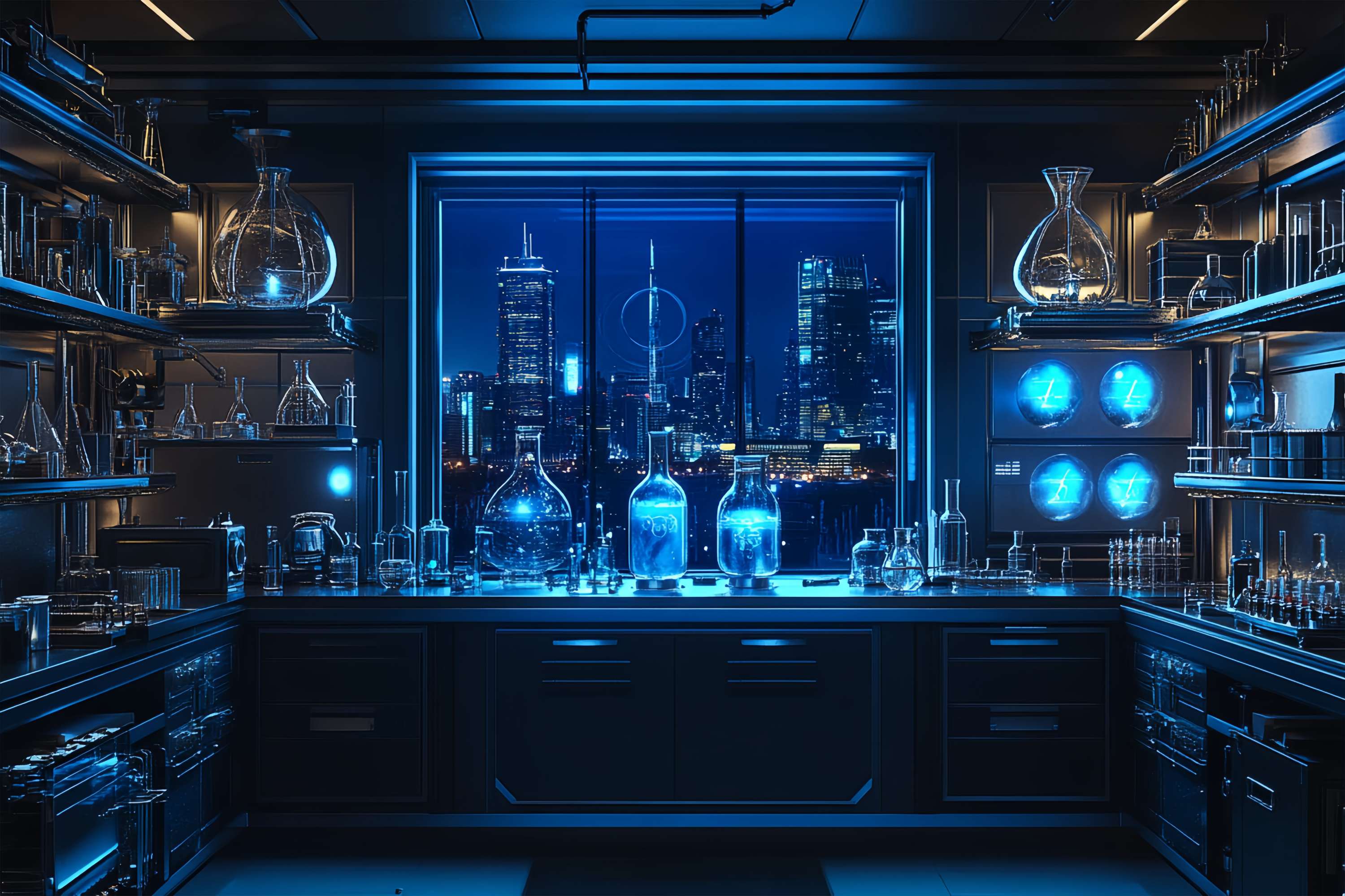 Toile de fond Chimie Laboratoire Futuriste Vue Nocturne sur la Ville Toile de fond Photo École LXX58-108