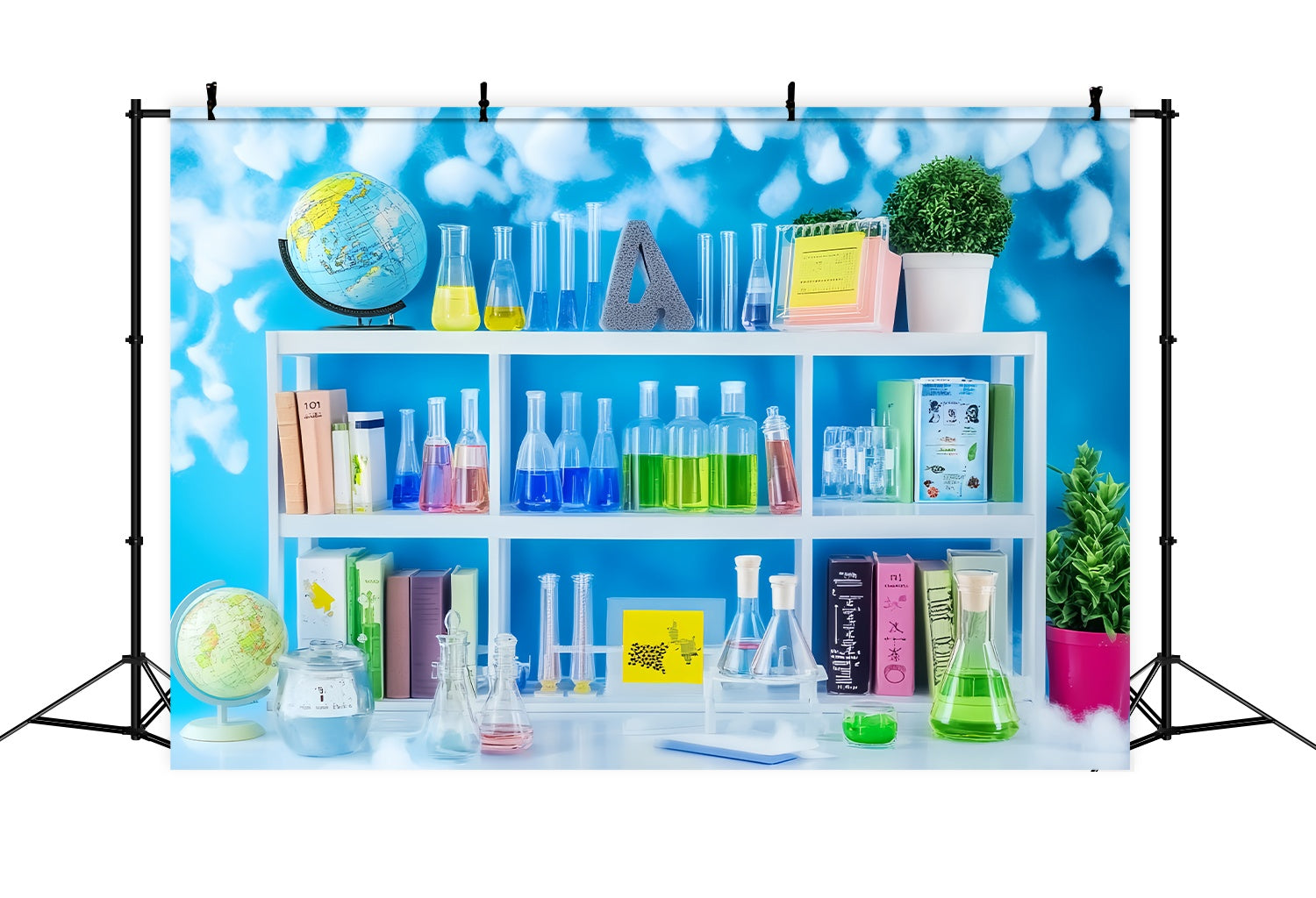 Toile de fond Chimie Étagère Colorée Livres Plantes Rentrée des Classes LXX58-109