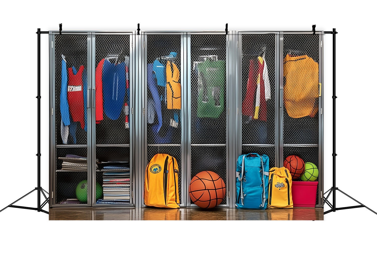 Toile de fond Casiers Scolaires Colorés Équipements Sportifs et Sacs à Dos Toile de fond Photo École LXX58-119