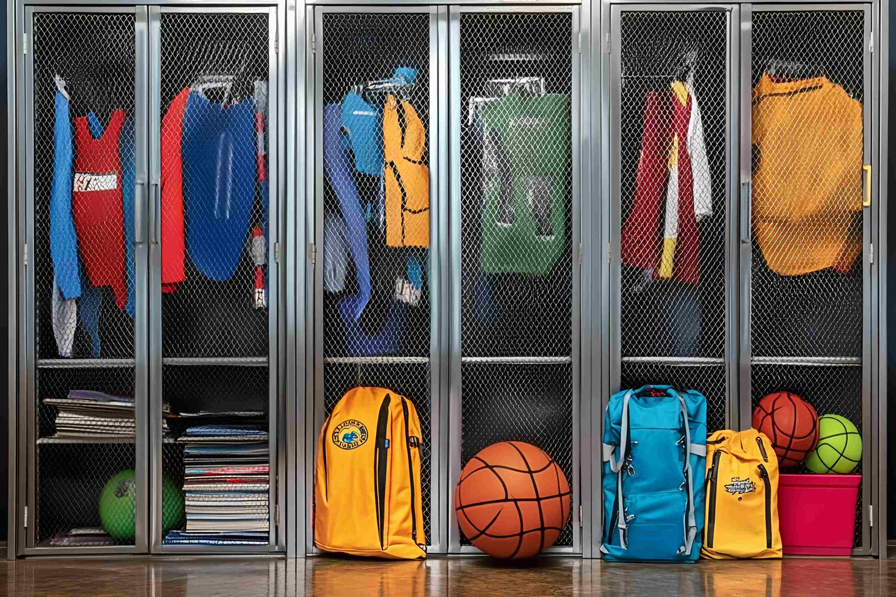 Toile de fond Casiers Scolaires Colorés Équipements Sportifs et Sacs à Dos Toile de fond Photo École LXX58-119