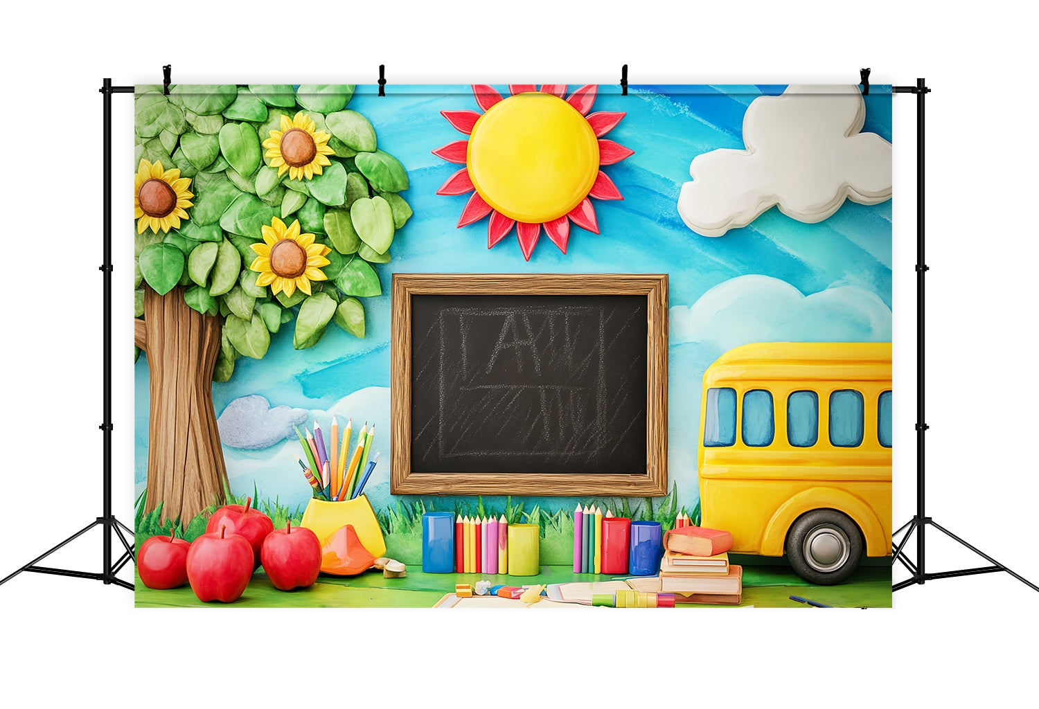 Toile de fond Maternelle Tableau Noir Arbre Bus Scolaire Ludique Rentrée des Classes LXX58-121