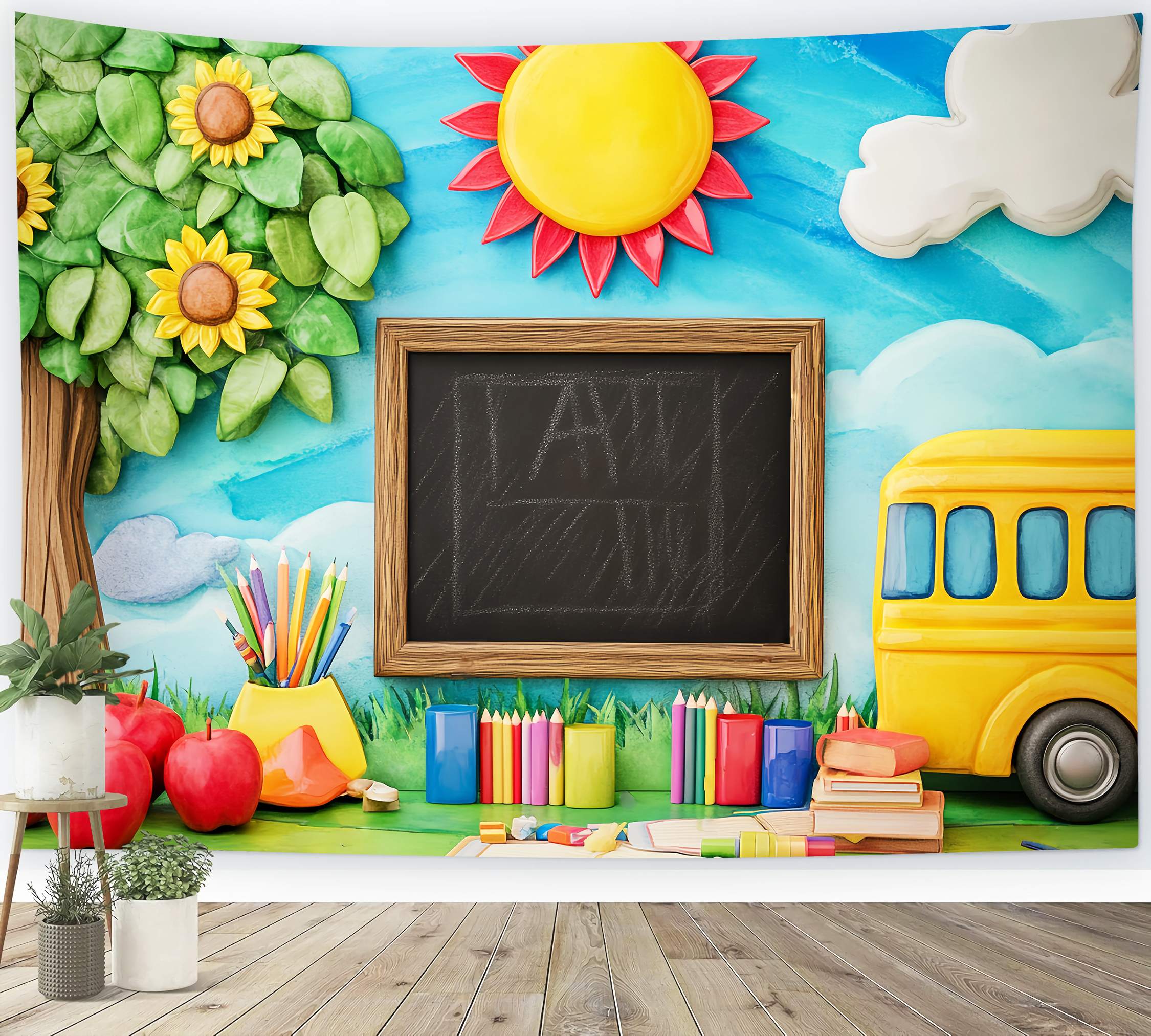 Toile de fond Maternelle Tableau Noir Arbre Bus Scolaire Ludique Rentrée des Classes LXX58-121