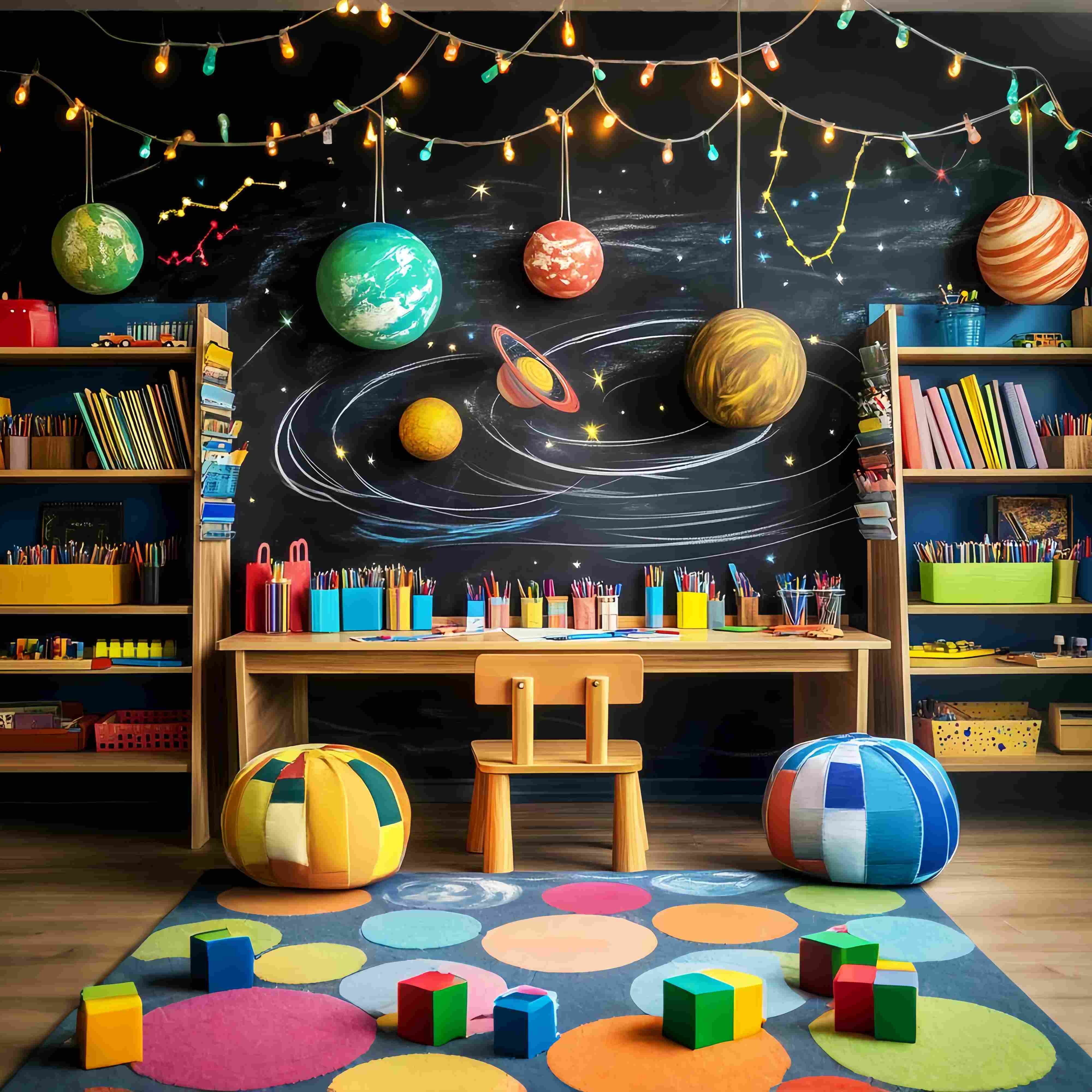Toile de fond Photo Maternelle Salle de Classe Espace Décoration Planètes Rentrée des Classes LXX58-122