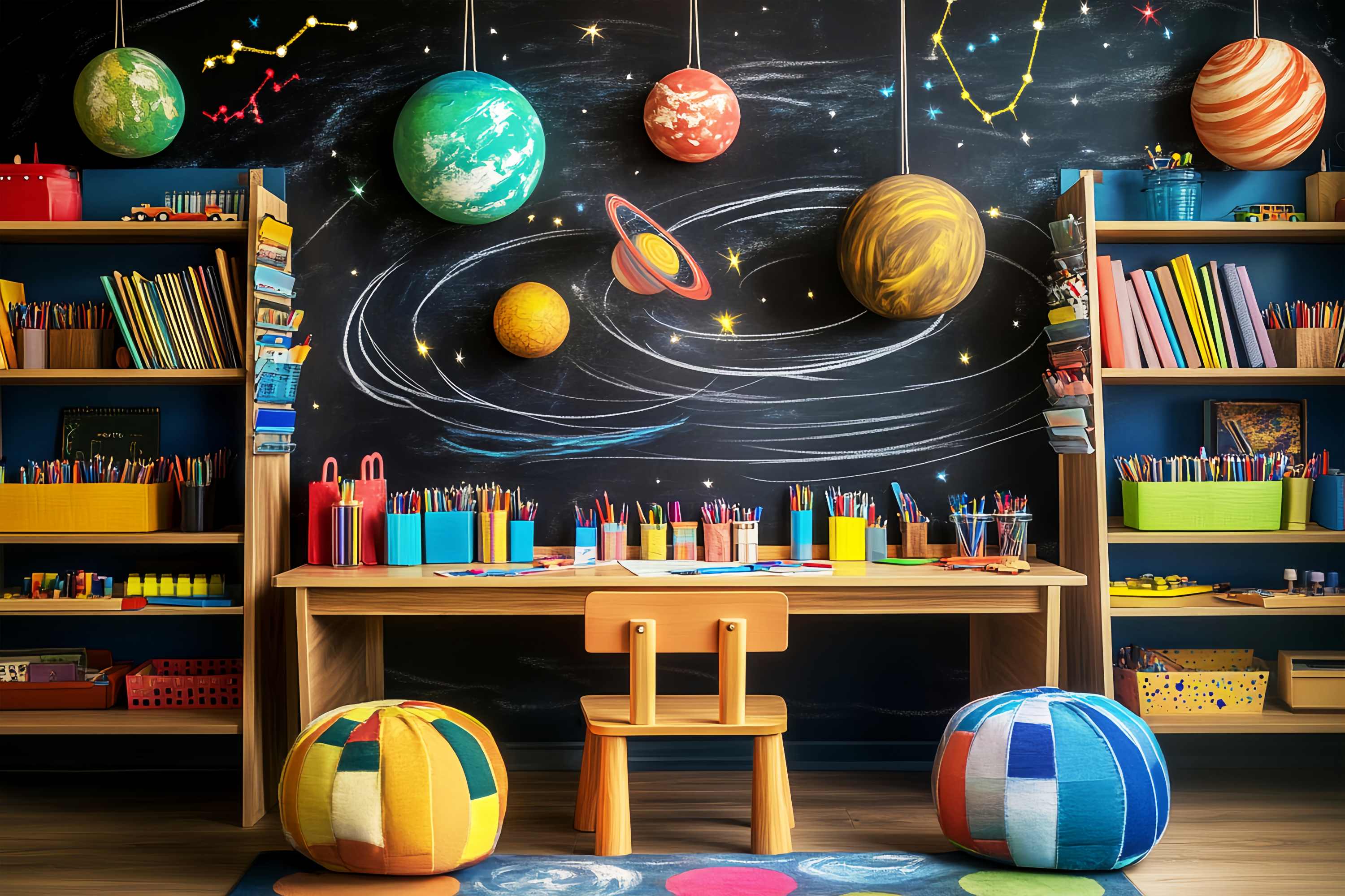 Toile de fond Photo Maternelle Salle de Classe Espace Décoration Planètes Rentrée des Classes LXX58-122