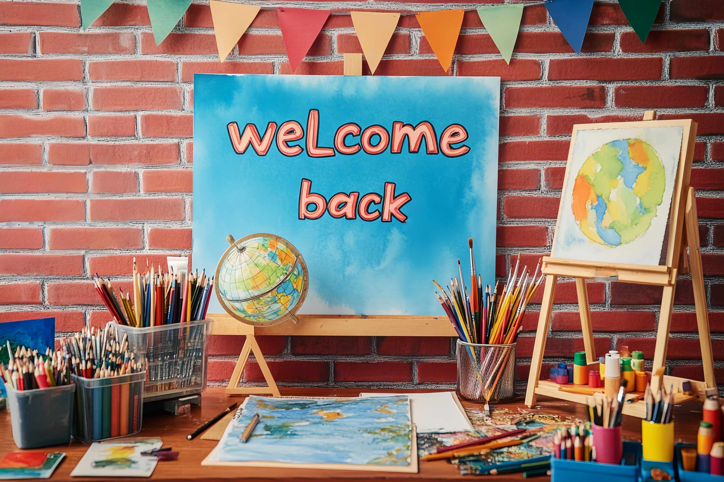 Toile de fond Maternelle Mur en Brique Bienvenue Fournitures Artistiques Rentrée des Classes LXX58-125