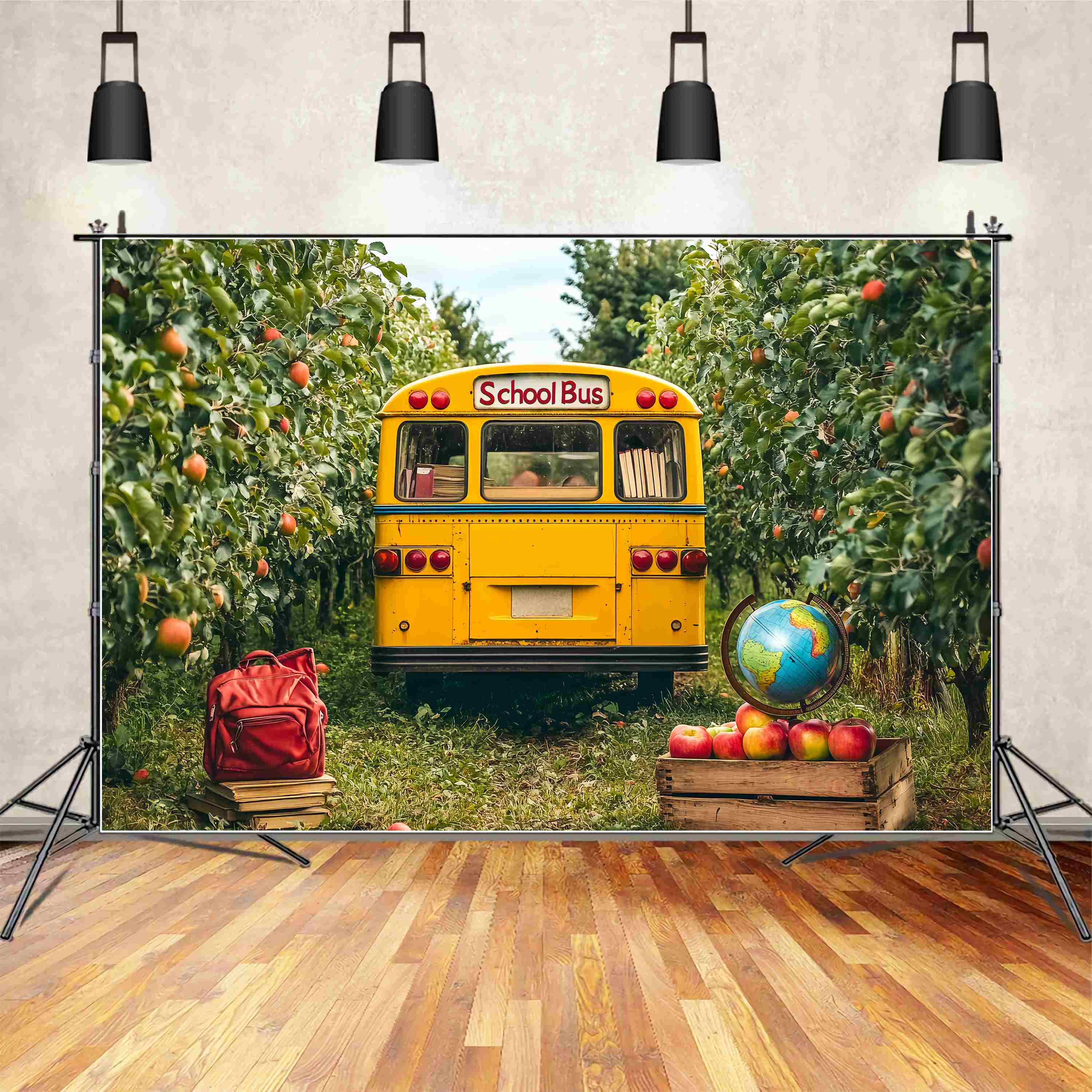 Toile de fond Bus Scolaire Jaune Verger Pommes Globe Rentrée des Classes LXX58-126