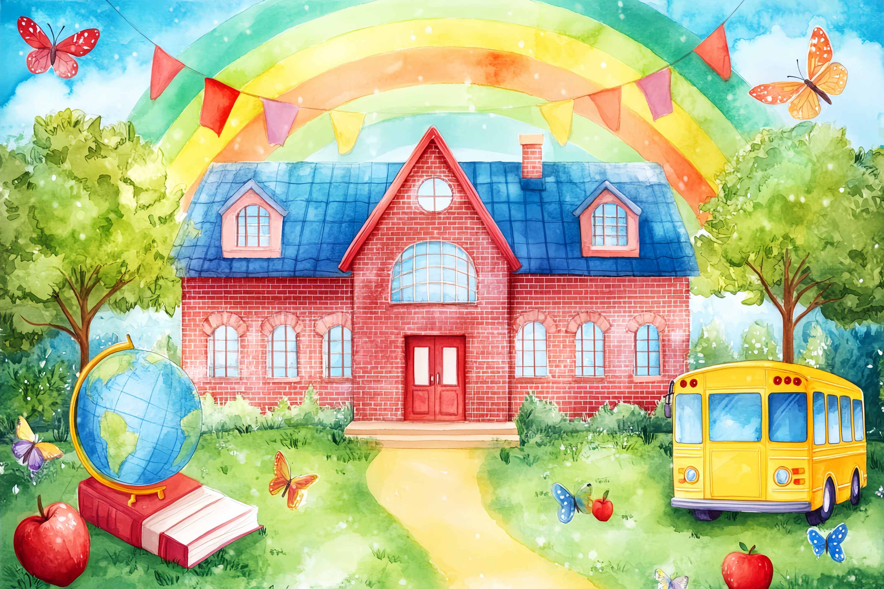 Toile de fond Photo Maternelle Mur en Brique Arc-en-Ciel Cour d’École Illustration Bus Idées Rentrée LXX58-127