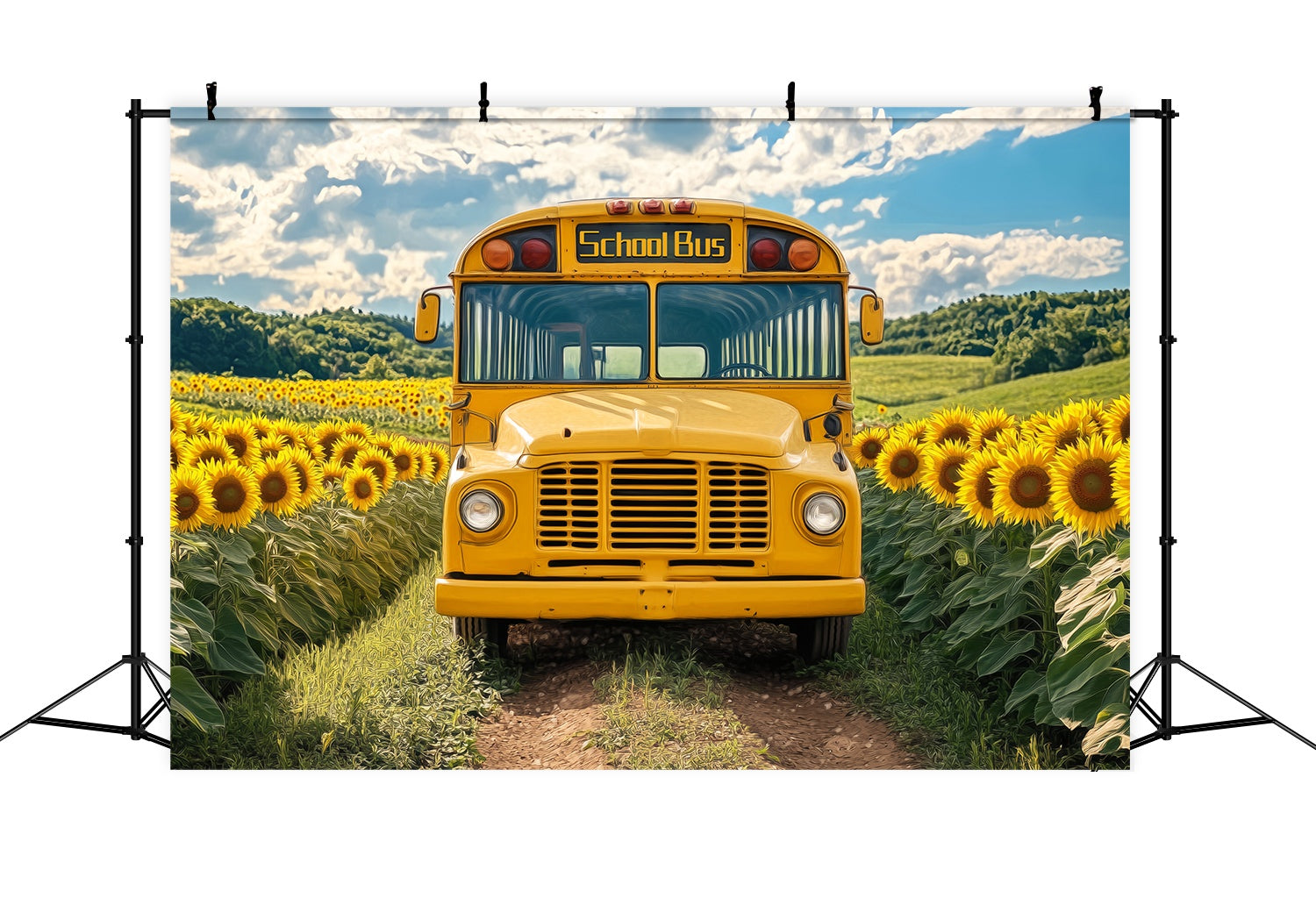 Toile de fond Bus Scolaire Champ de Tournesols Bus Vintage Toile de fond Photo École LXX58-128