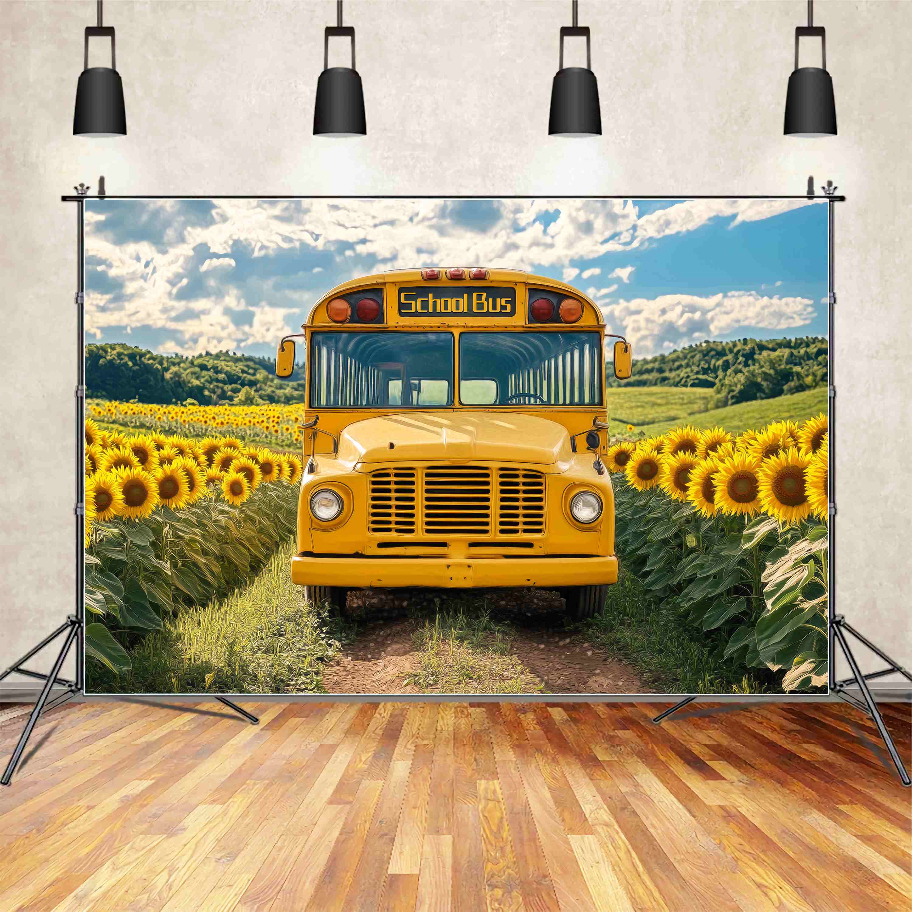 Toile de fond Bus Scolaire Champ de Tournesols Bus Vintage Toile de fond Photo École LXX58-128