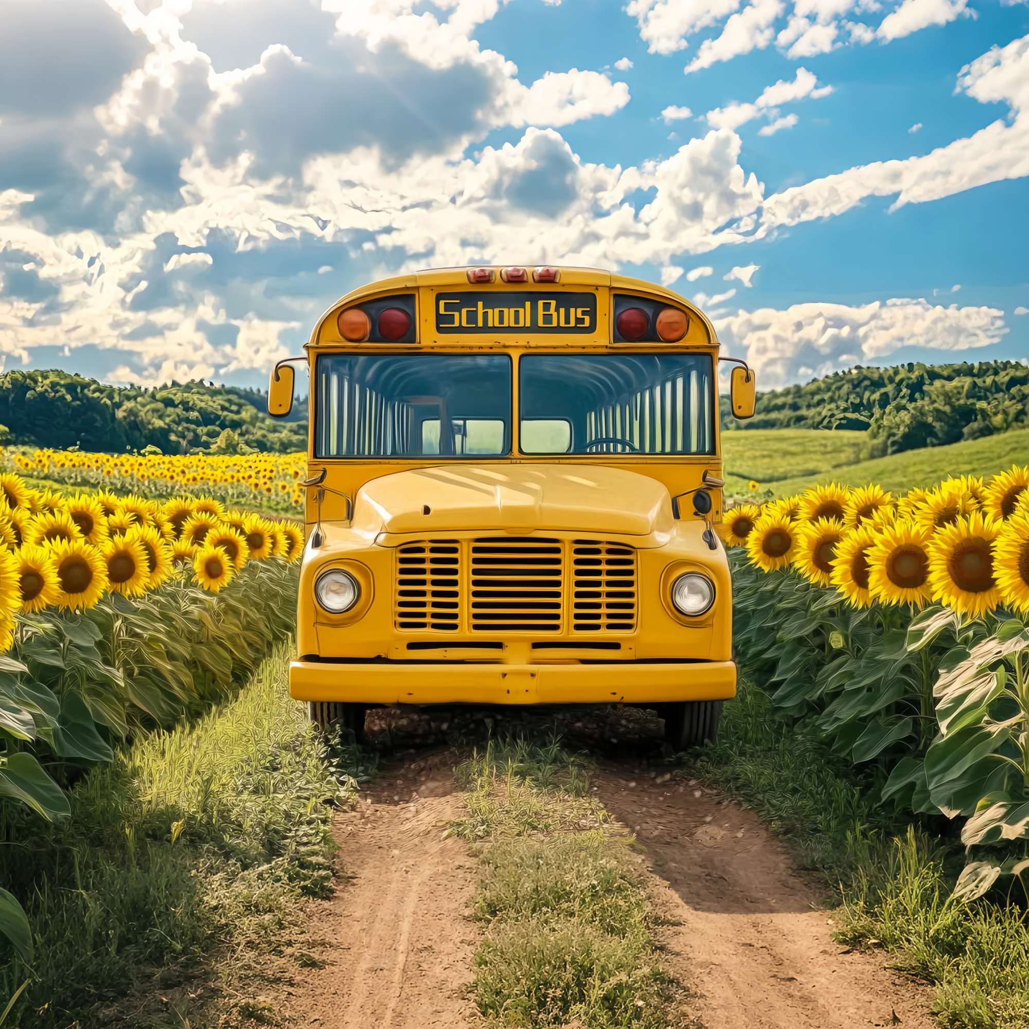 Toile de fond Bus Scolaire Champ de Tournesols Bus Vintage Toile de fond Photo École LXX58-128