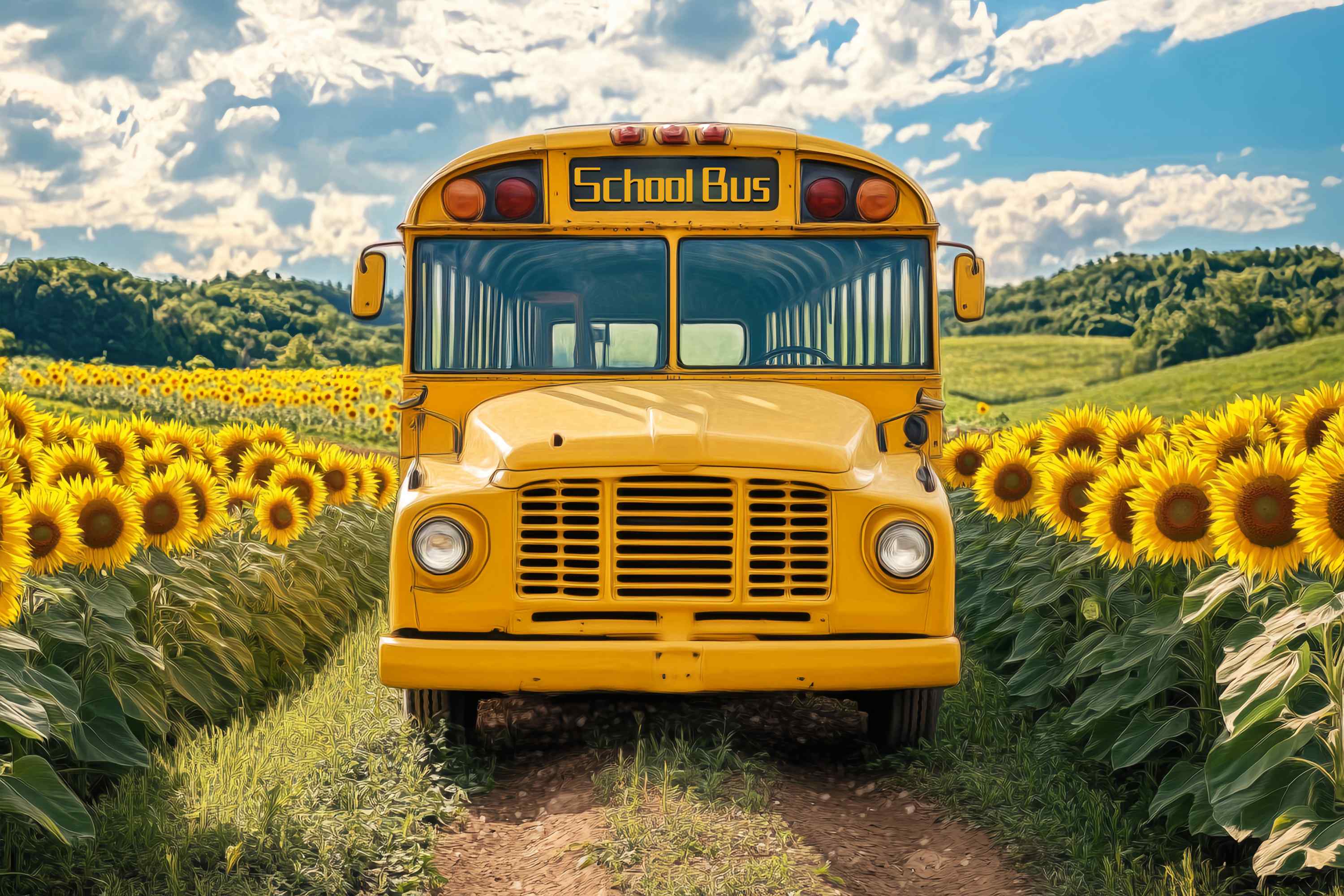 Toile de fond Bus Scolaire Champ de Tournesols Bus Vintage Toile de fond Photo École LXX58-128