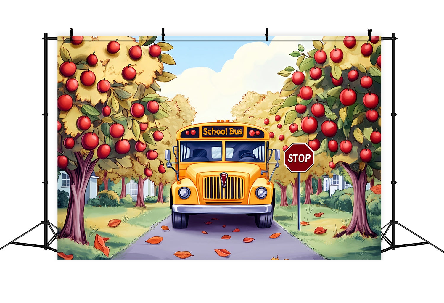 Toile de fond Bus Scolaire Verger de Pommes Automne Rentrée des Classes LXX58-130
