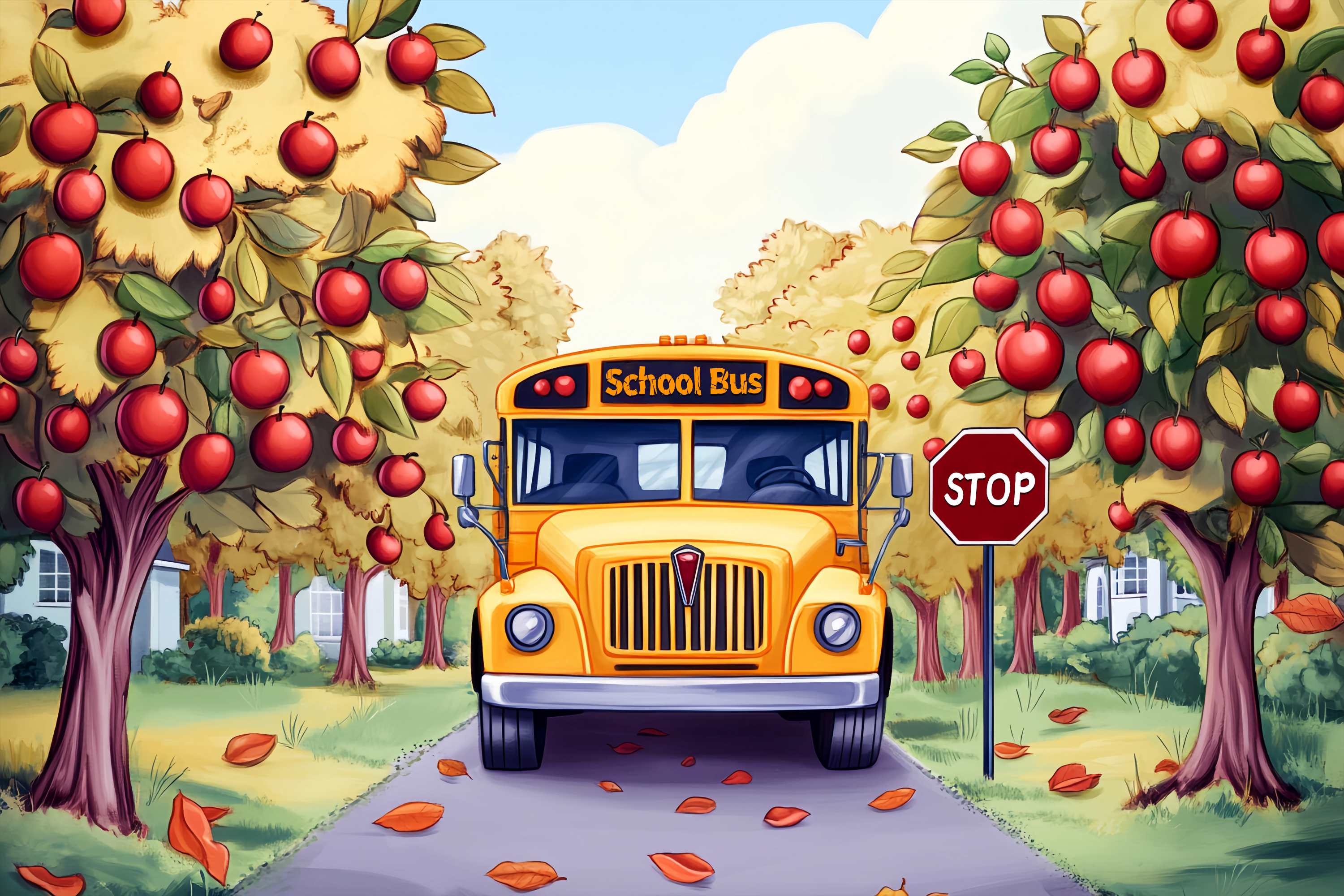 Toile de fond Bus Scolaire Verger de Pommes Automne Rentrée des Classes LXX58-130