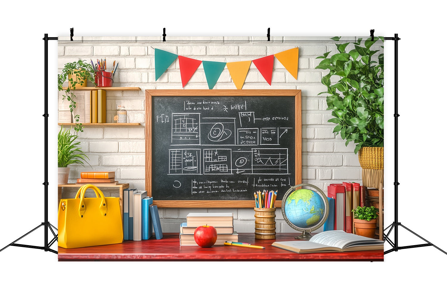 Toile de fond Tableau Noir Salle de Classe Livres Globe Plantes en Pot Photo Rentrée LXX58-133