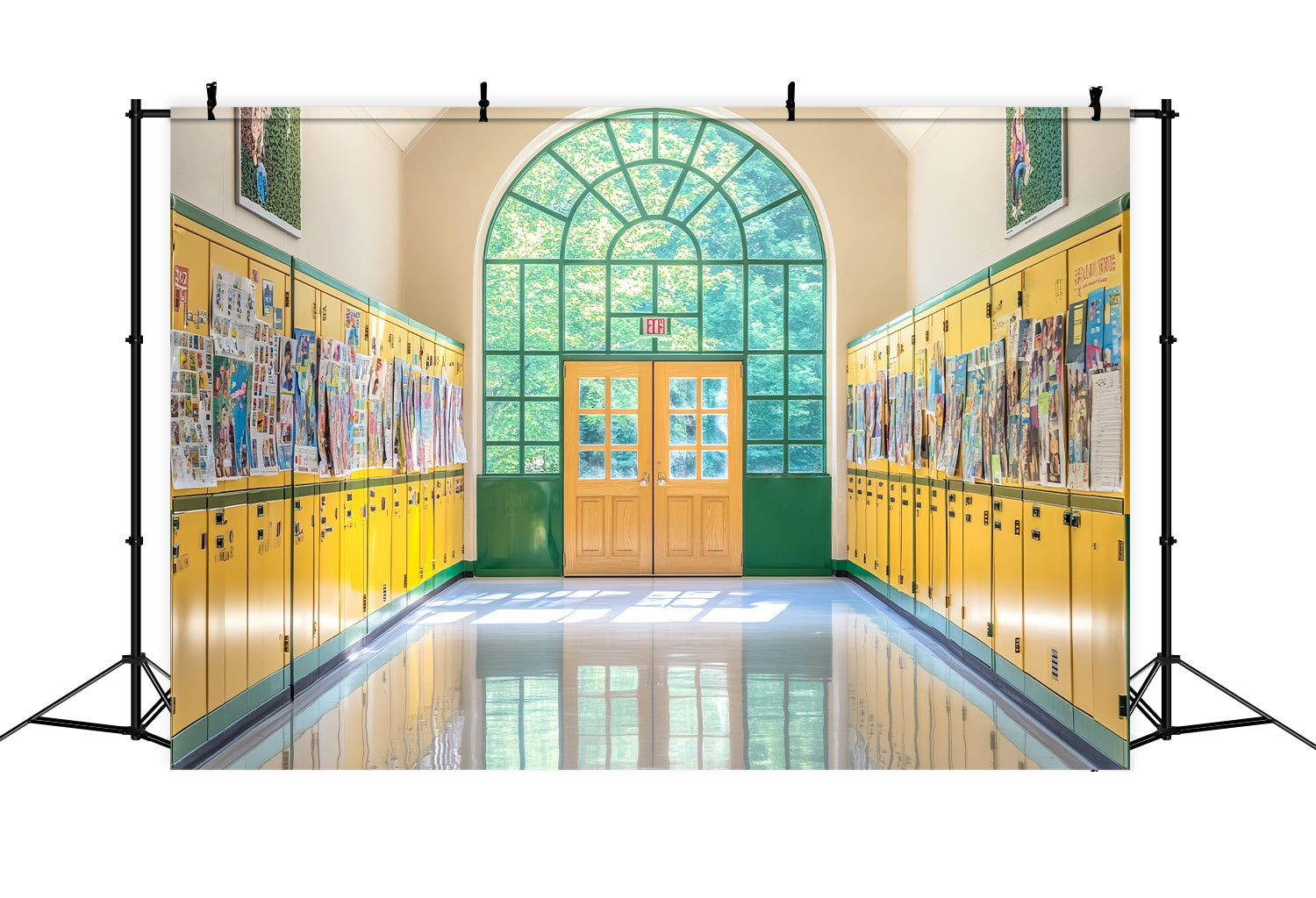 Toile de fond Couloir Scolaire Casiers Jaunes et Verts Affiches Rentrée LXX58-141