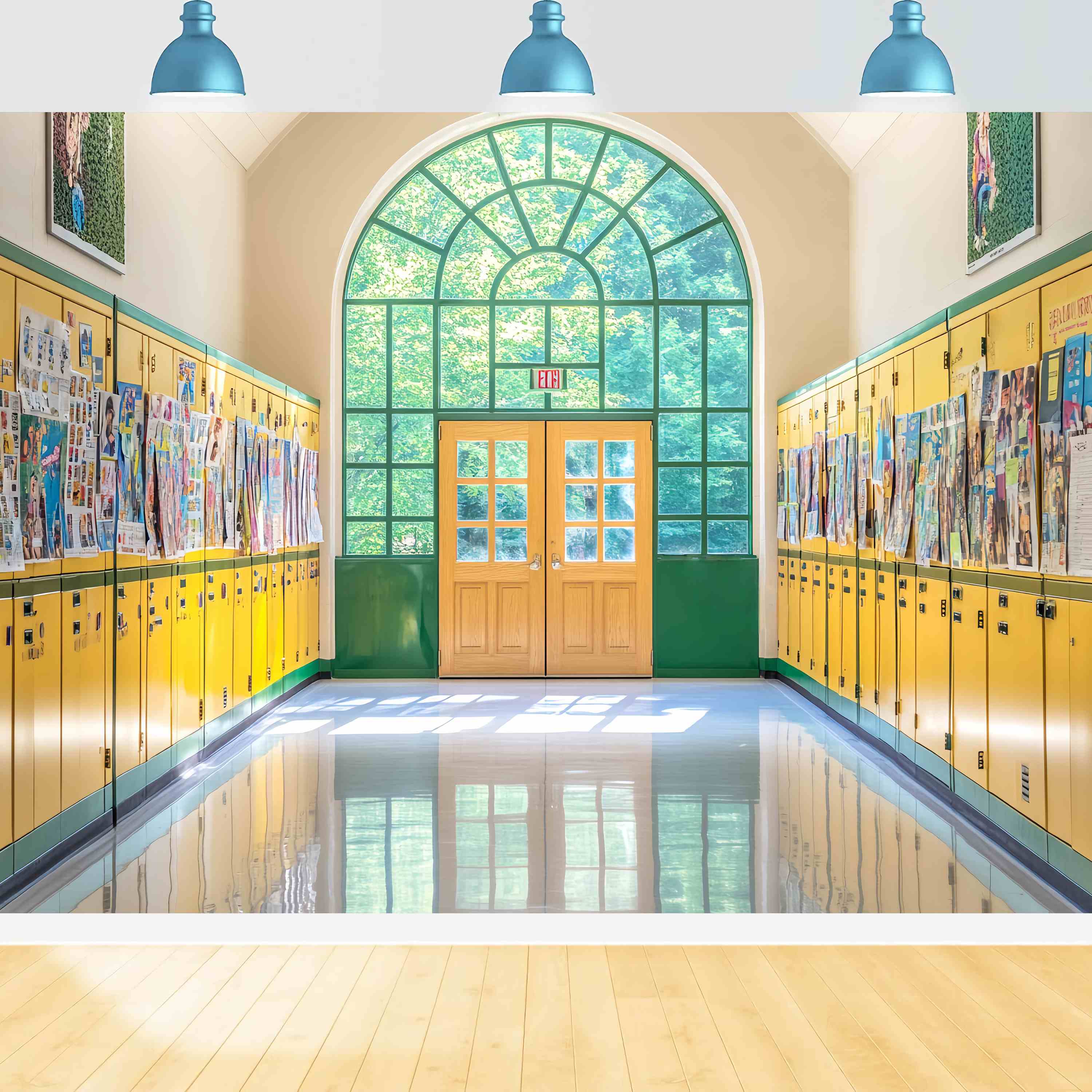 Toile de fond Couloir Scolaire Casiers Jaunes et Verts Affiches Rentrée LXX58-141