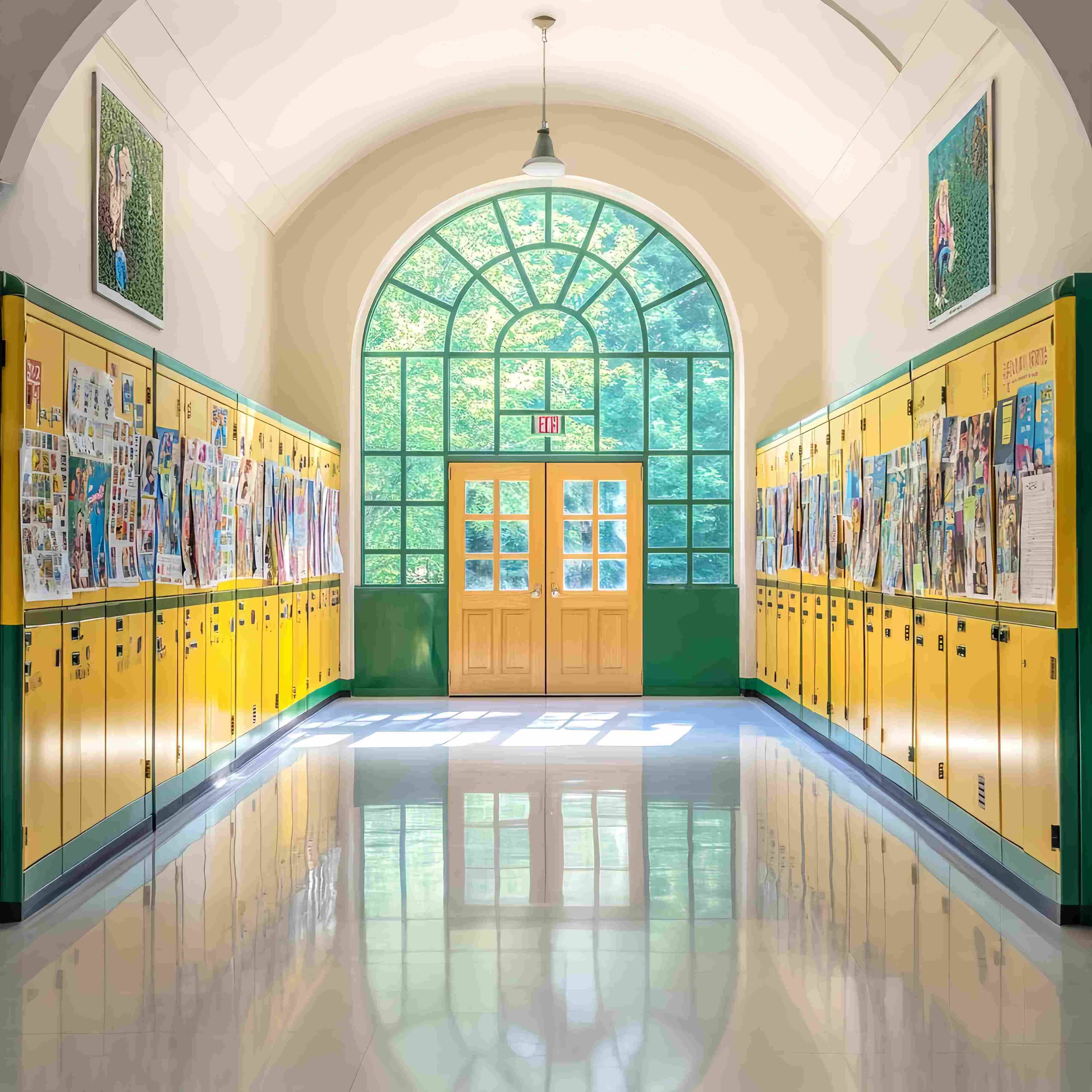 Toile de fond Couloir Scolaire Casiers Jaunes et Verts Affiches Rentrée LXX58-141