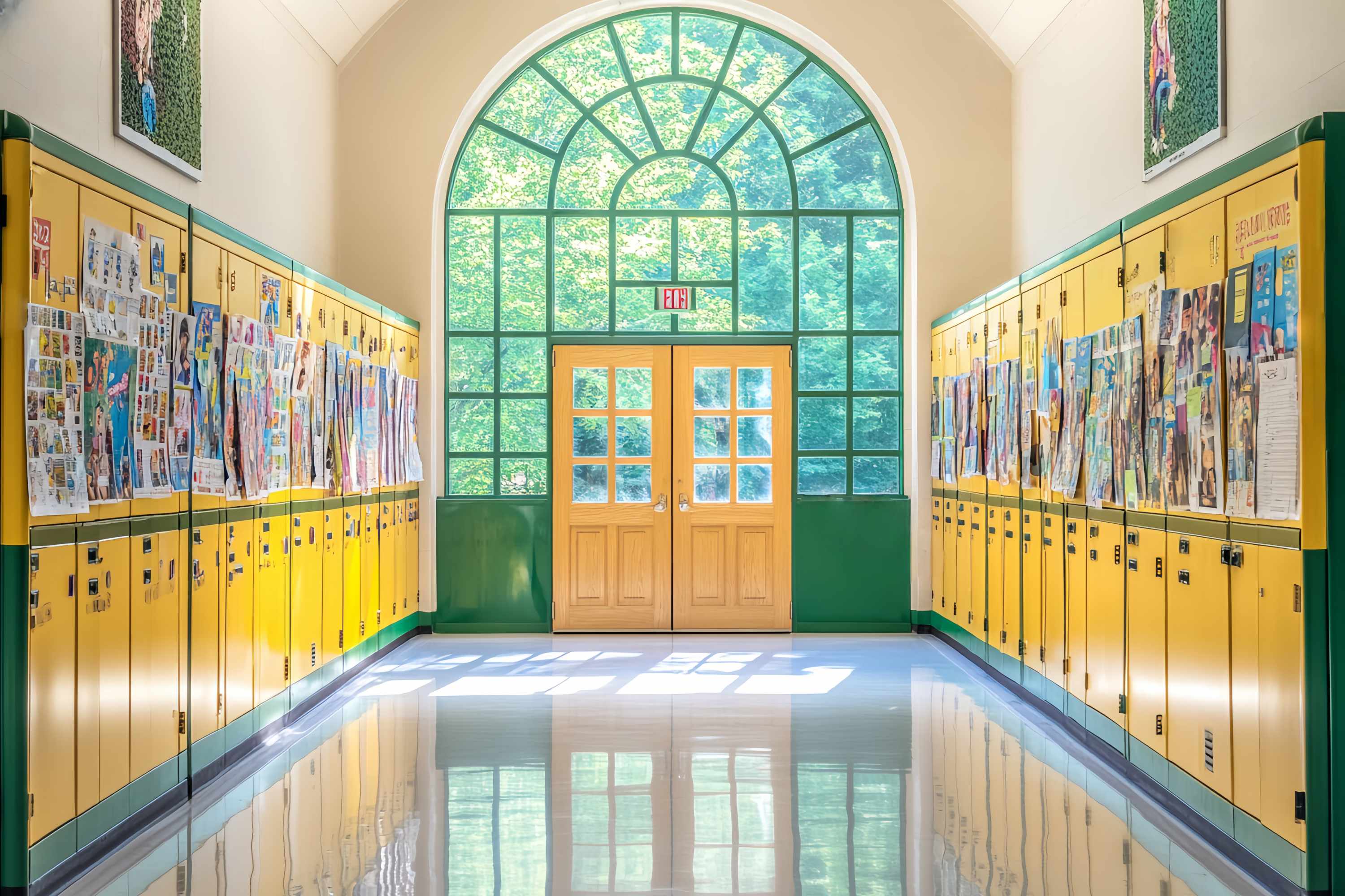 Toile de fond Couloir Scolaire Casiers Jaunes et Verts Affiches Rentrée LXX58-141