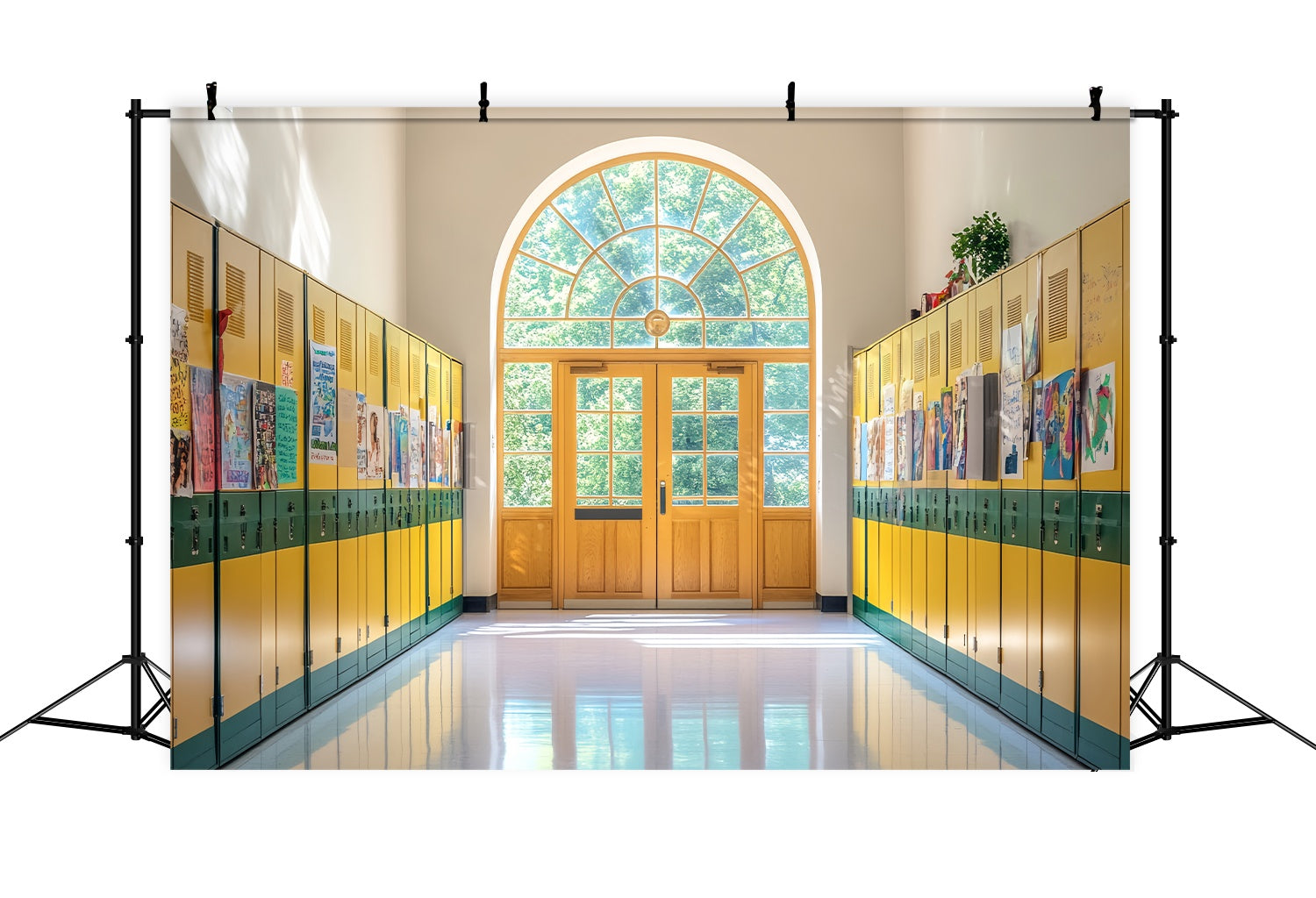 Toile de fond Couloir Scolaire Casiers Jaunes et Verts Œuvres d’Art Photo Rentrée LXX58-142