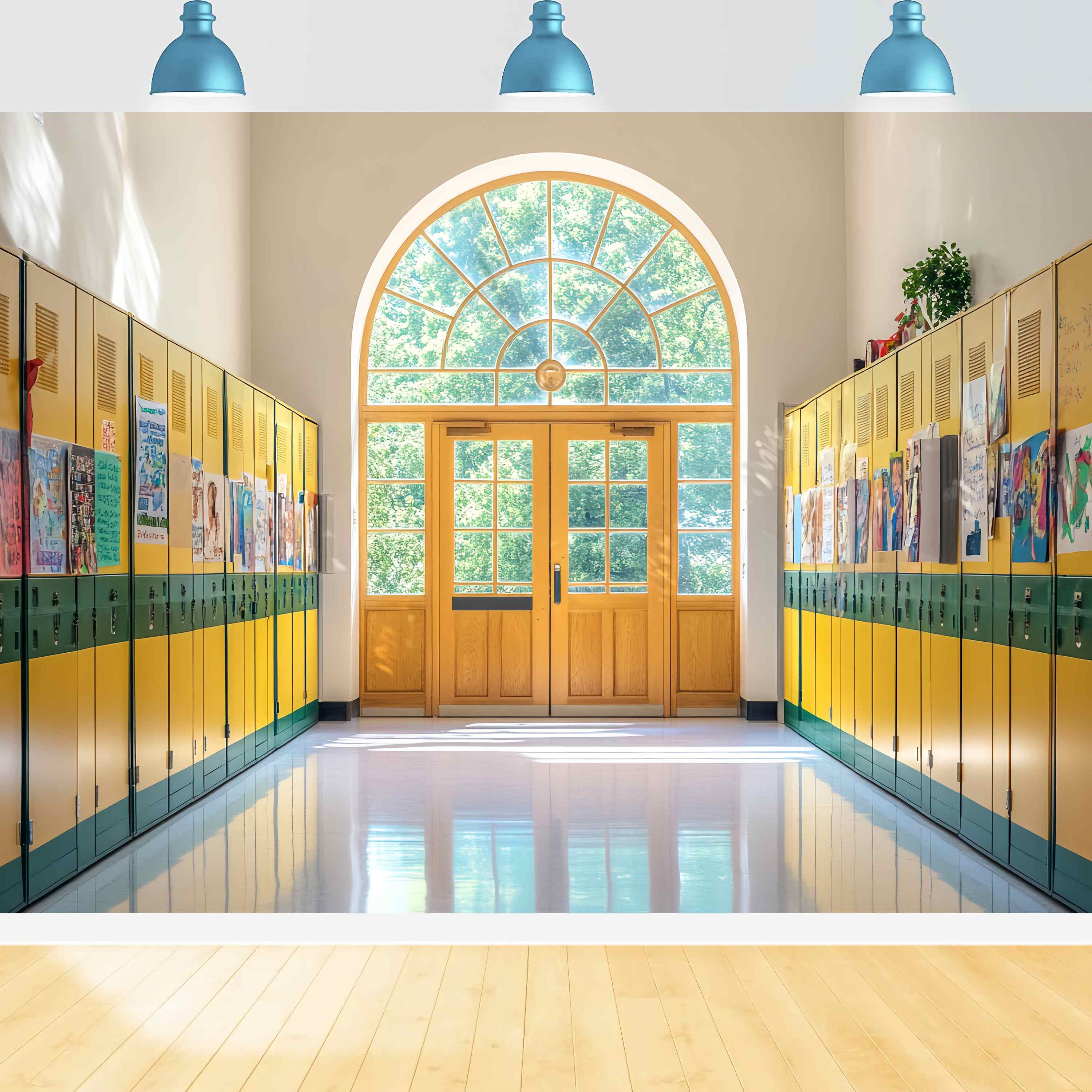 Toile de fond Couloir Scolaire Casiers Jaunes et Verts Œuvres d’Art Photo Rentrée LXX58-142