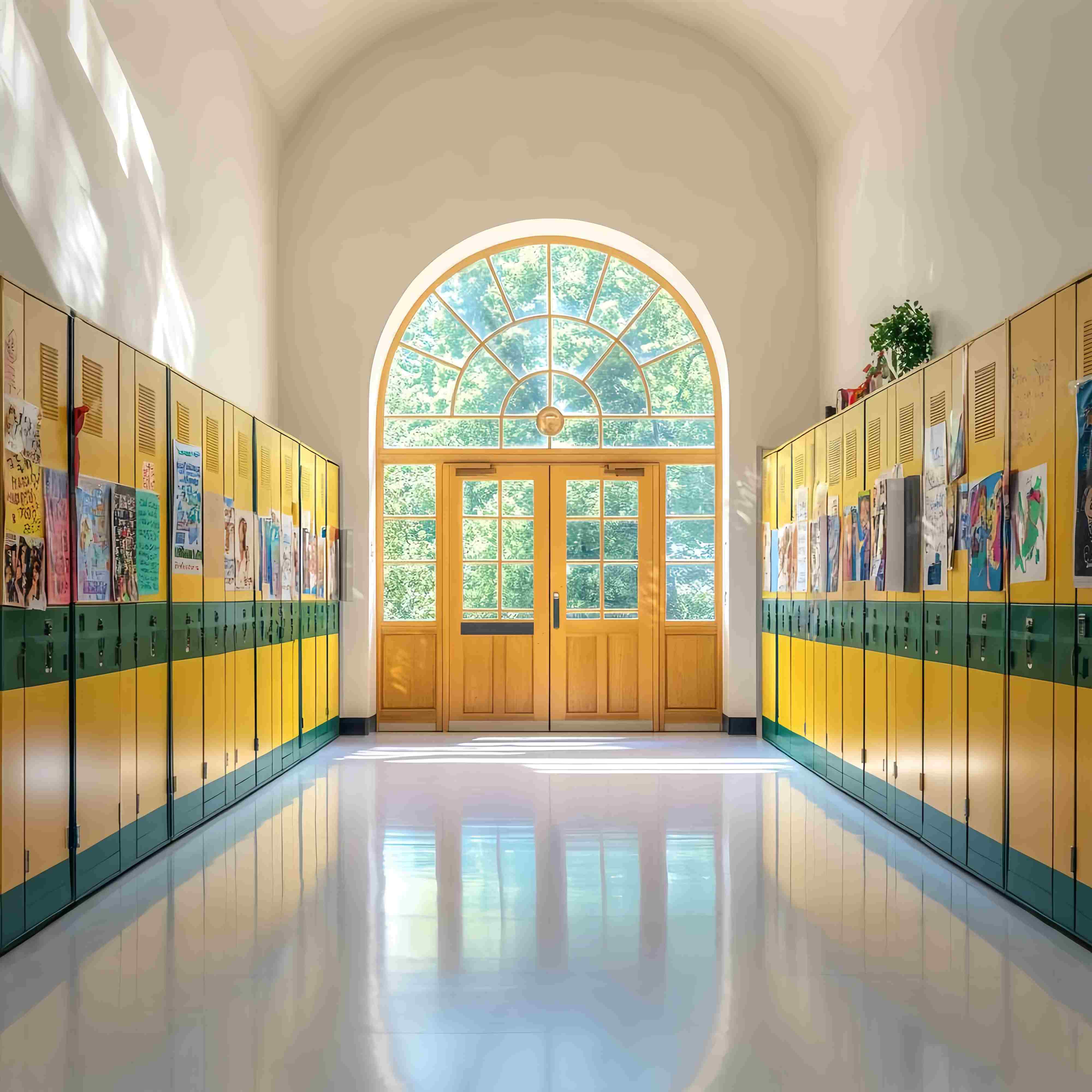 Toile de fond Couloir Scolaire Casiers Jaunes et Verts Œuvres d’Art Photo Rentrée LXX58-142