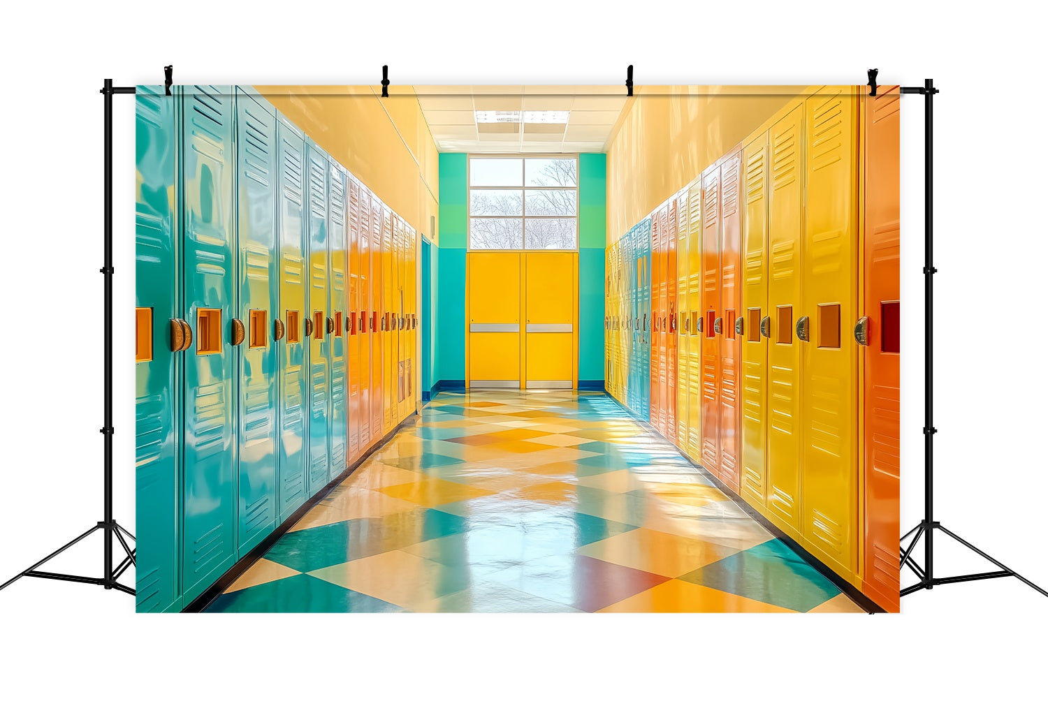 Toile de fond Couloir Scolaire Couloir Géométrique Vibrant Casiers Rentrée LXX58-144