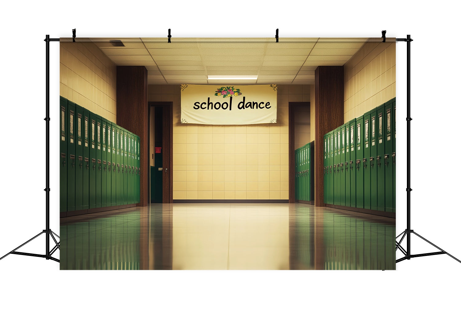 Toile de fond Couloir Scolaire Casiers Verts Bannière de Danse Rentrée LXX58-145