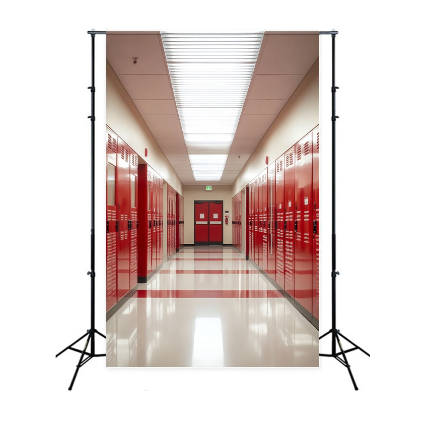 Toile de fond Couloir Scolaire Casiers Rouges Brillants Rentrée des Classes LXX58-146